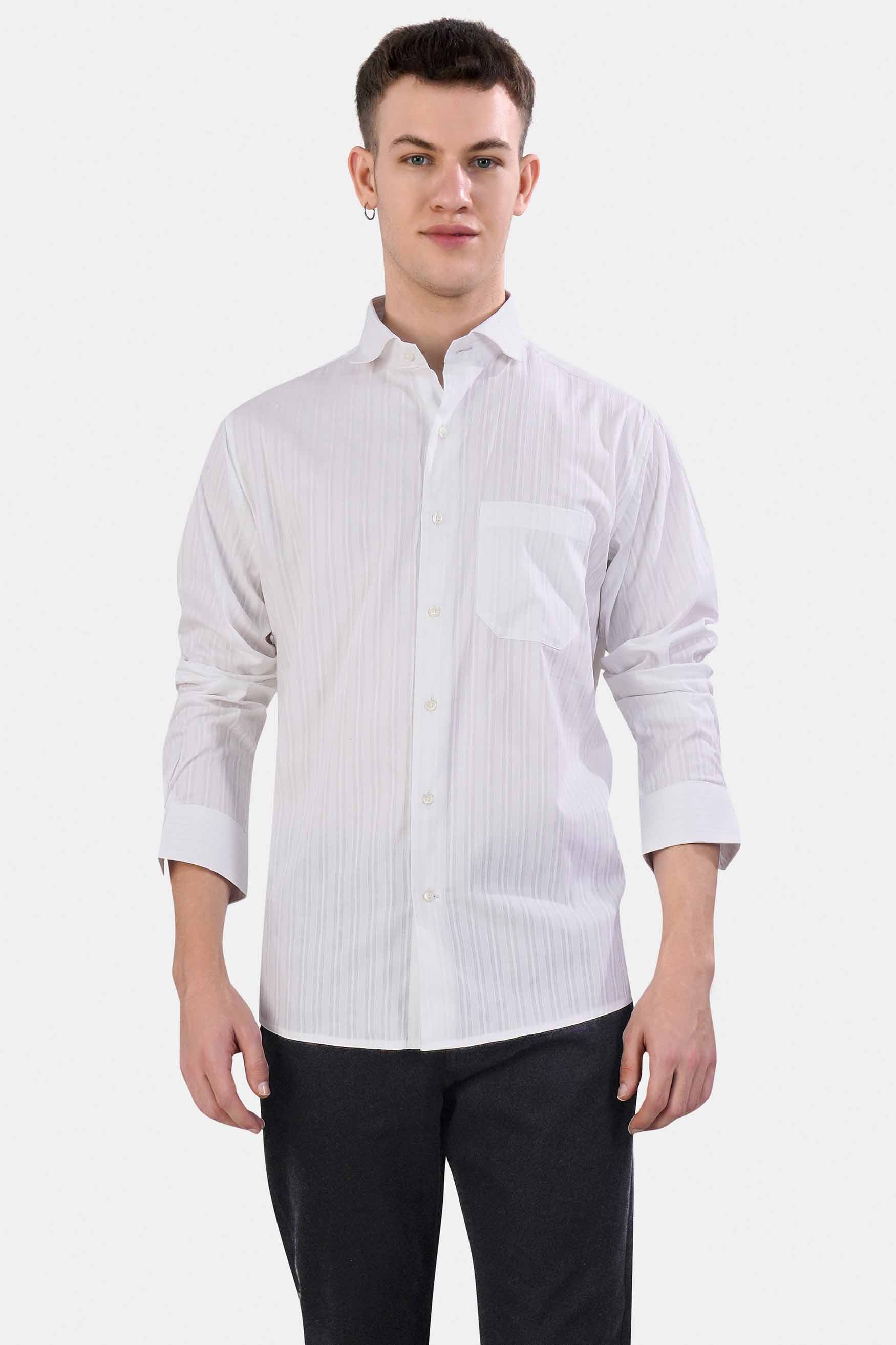 Bright White Striped Dobby Textured Premium Giza Cotton Shirt