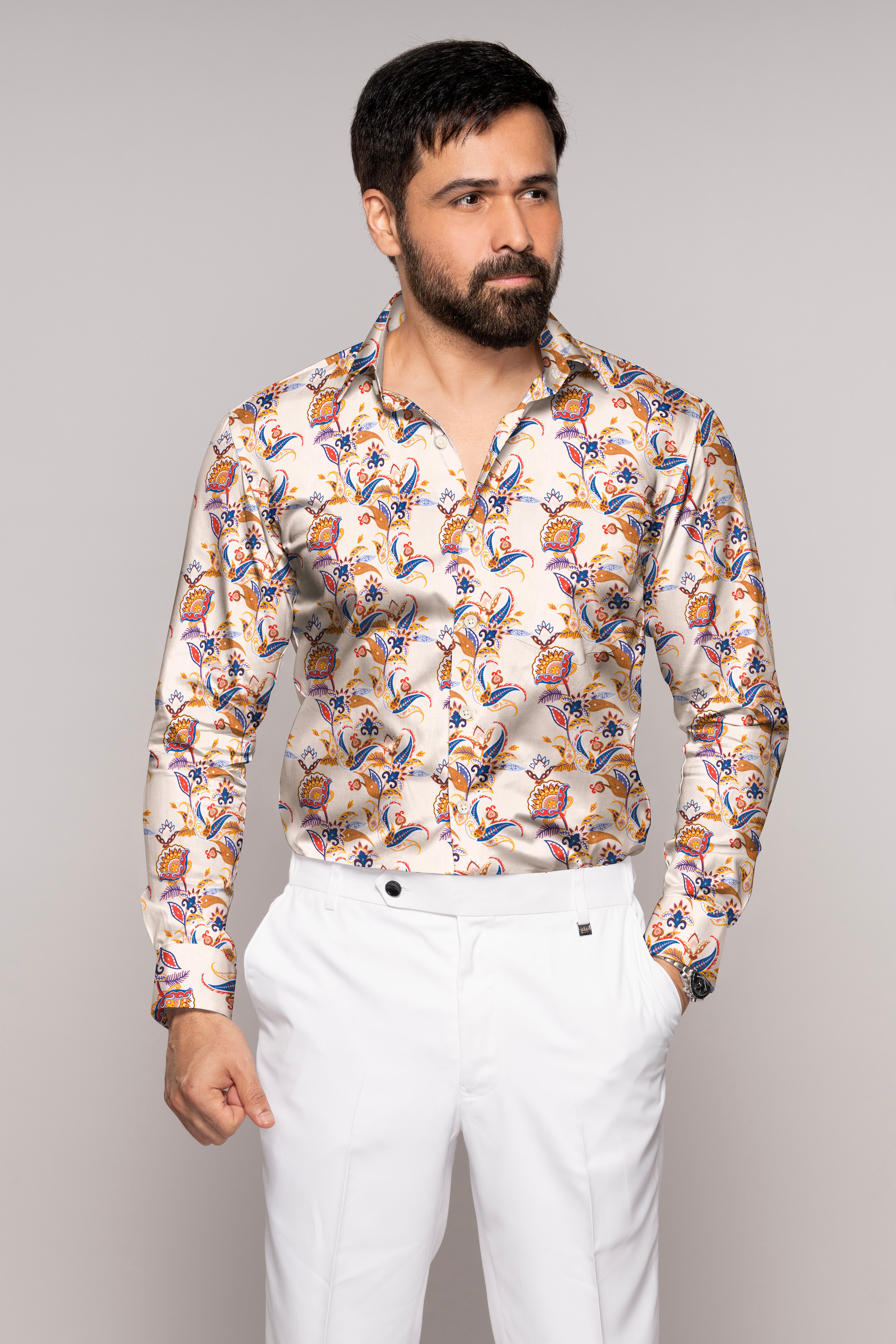 Cavern Cream Floral Printed Twill Premium Cotton Shirt