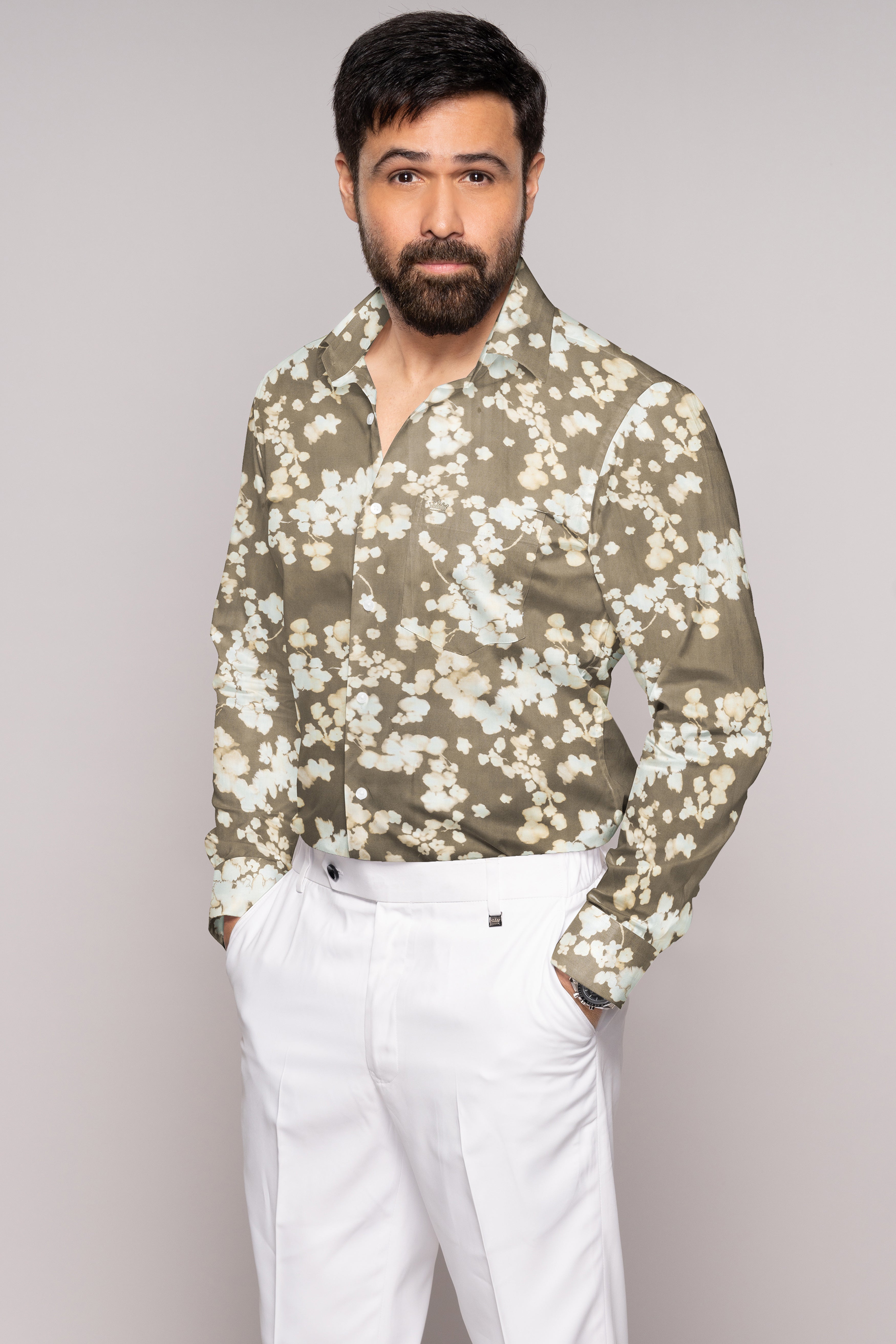 Makara Brown and White Ditsy Printed Premium Cotton Shirt