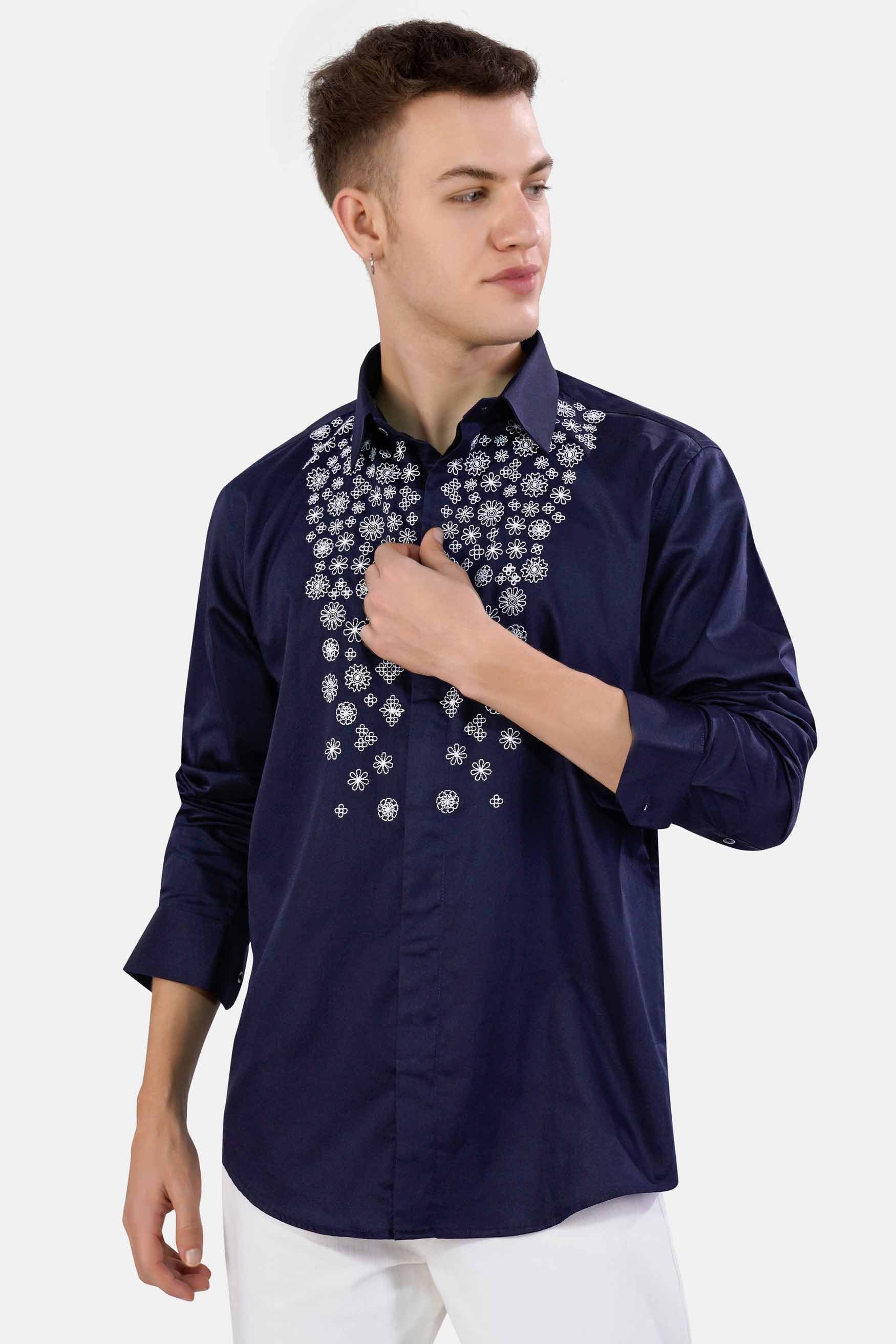 Haiti Blue Floral Embroidered Super Soft Premium Cotton Designer Shirt