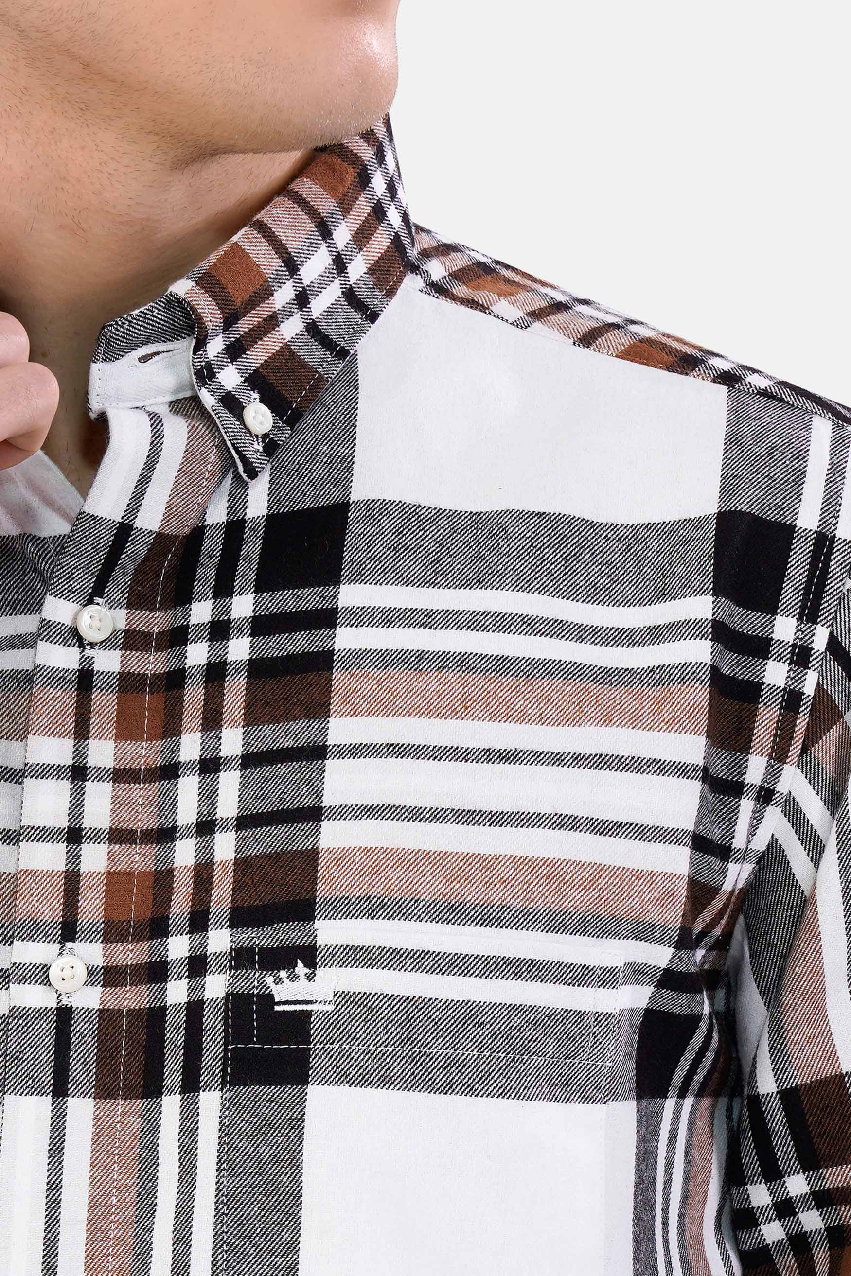 Bright White with Cider Brown and Black Plaid Flannel Button Down Shirt