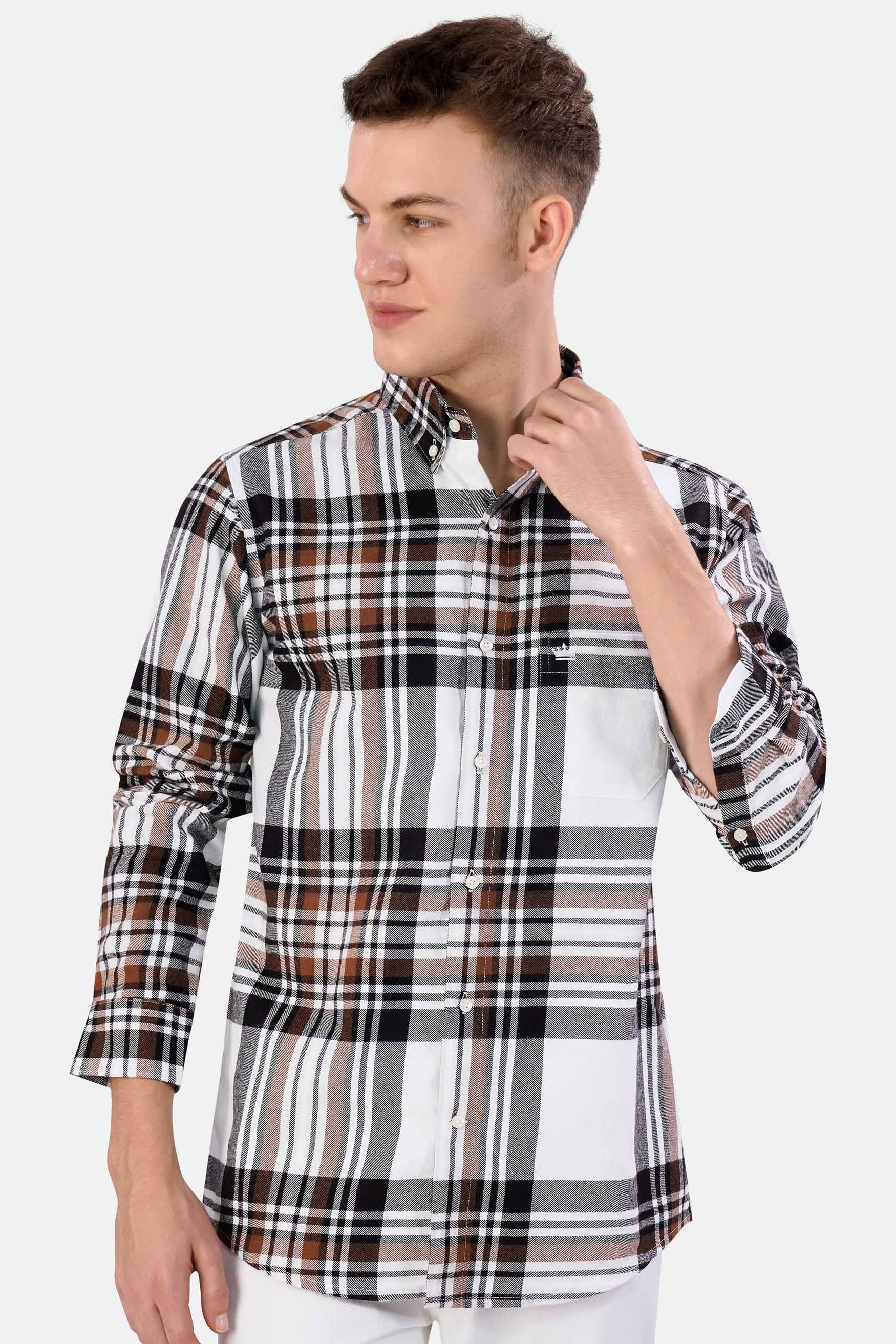 Bright White with Cider Brown and Black Plaid Flannel Button Down Shirt