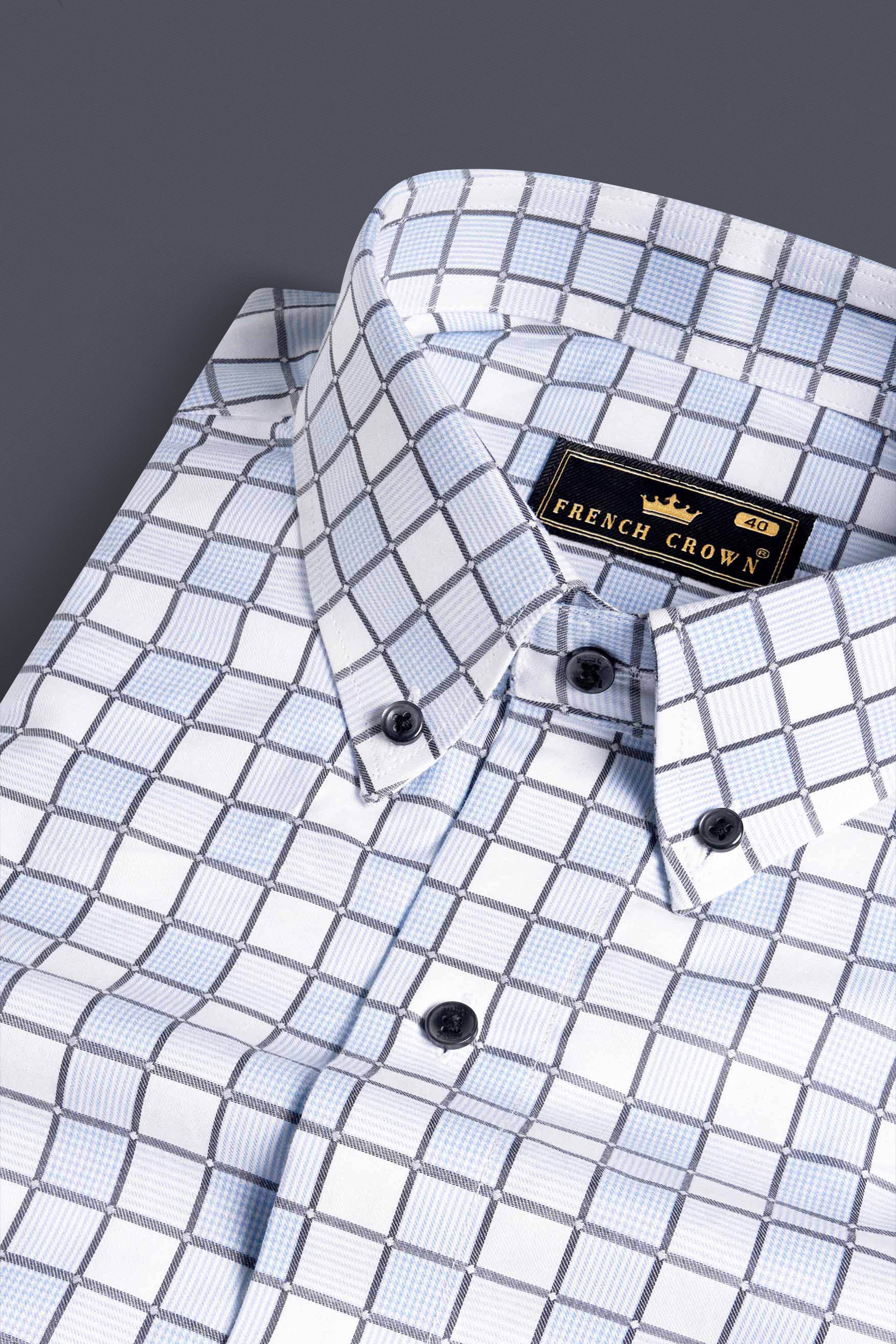 Bright White with Carolina Blue and Mobster Gray Checkered Dobby Premium Giza Cotton Shirt