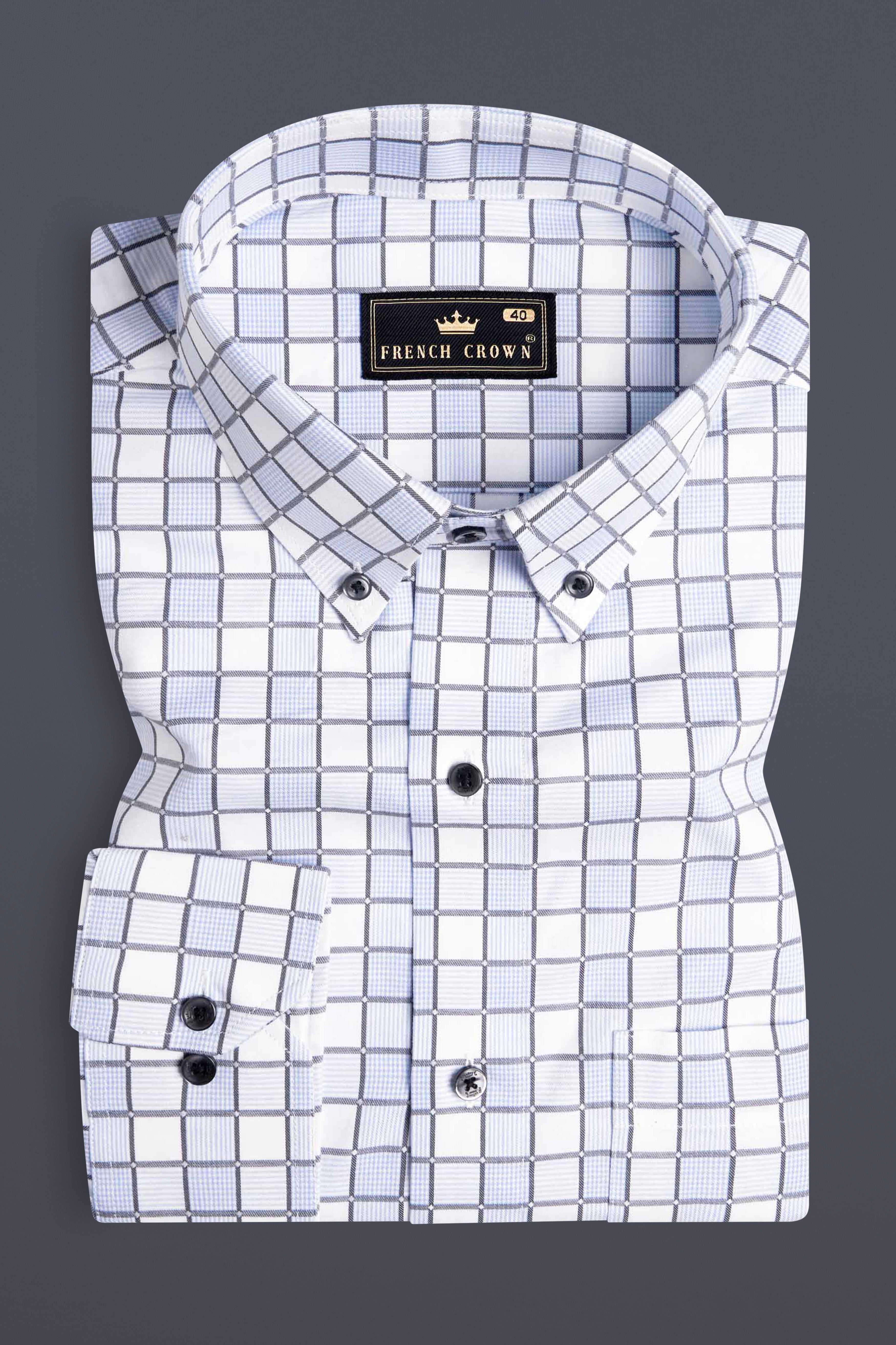 Bright White with Carolina Blue and Mobster Gray Checkered Dobby Premium Giza Cotton Shirt