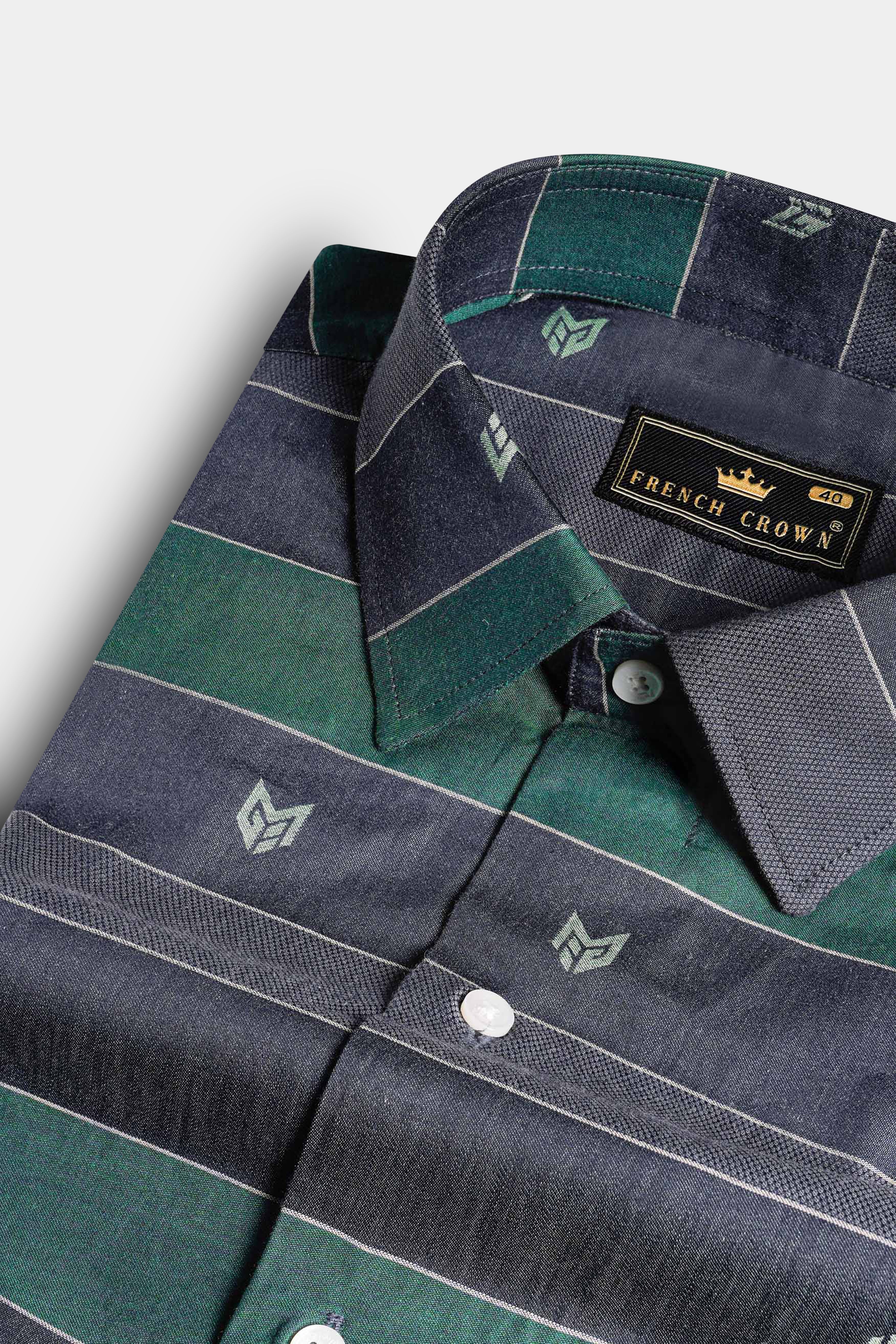 Charade Blue with Viridian Green Striped Jacquard Textured Premium Giza Cotton Shirt