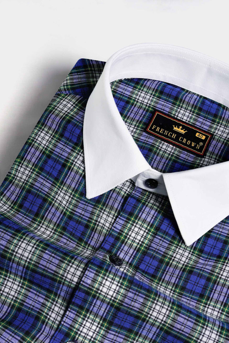 Lapis Blue and Teal Green Plaid with White Cuffs and Collar Premium Cotton Shirt