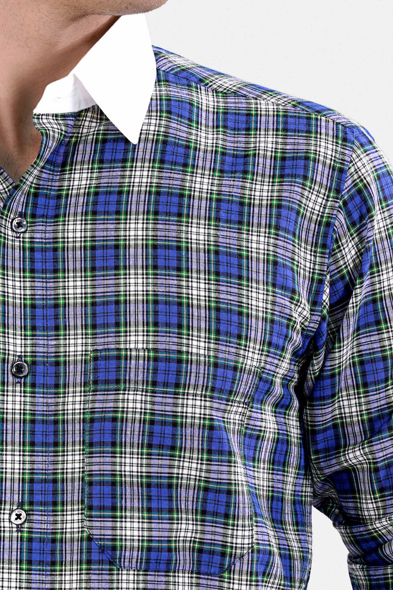 Lapis Blue and Teal Green Plaid with White Cuffs and Collar Premium Cotton Shirt