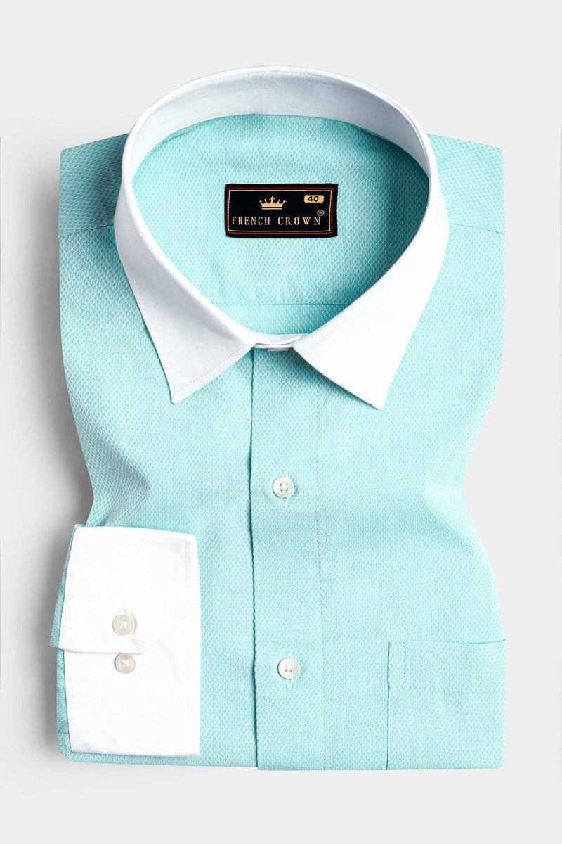 Tiffany Blue with White Cuffs and Collar Dobby Textured Premium Giza Cotton Shirt