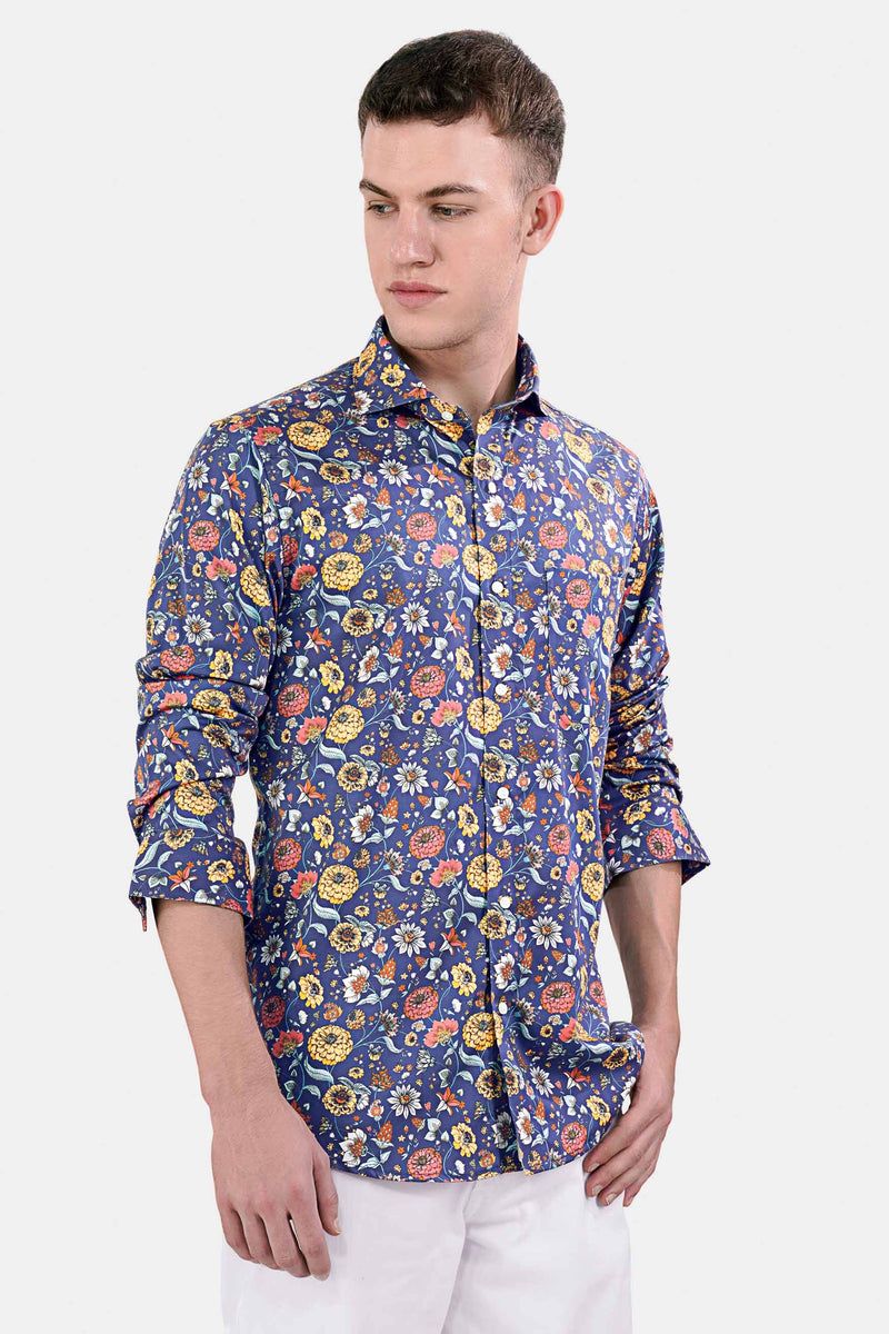 Rhino Blue Multicolour Floral Printed Subtle Sheen Super Soft Premium Cotton Shirt