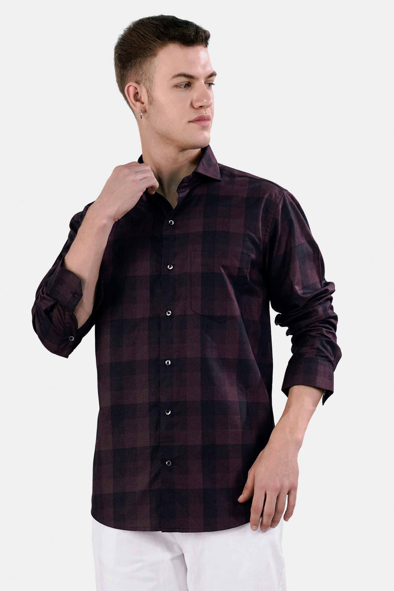 Mangosteen and Baltic Sea Purple Checkered Dobby Textured Premium Giza Cotton Shirt