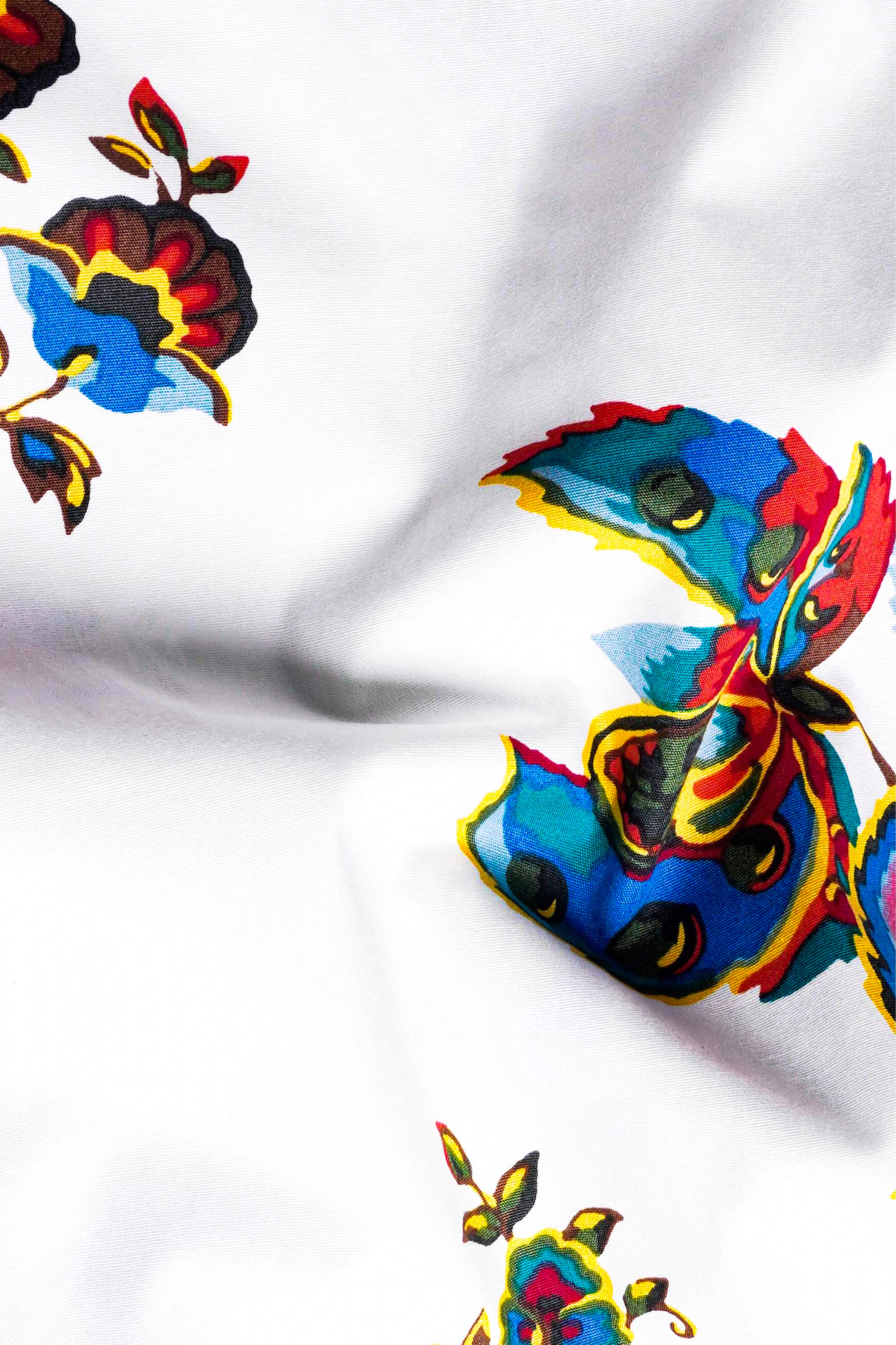 Bright White Multicolour Leaves Printed Premium Cotton Shirt