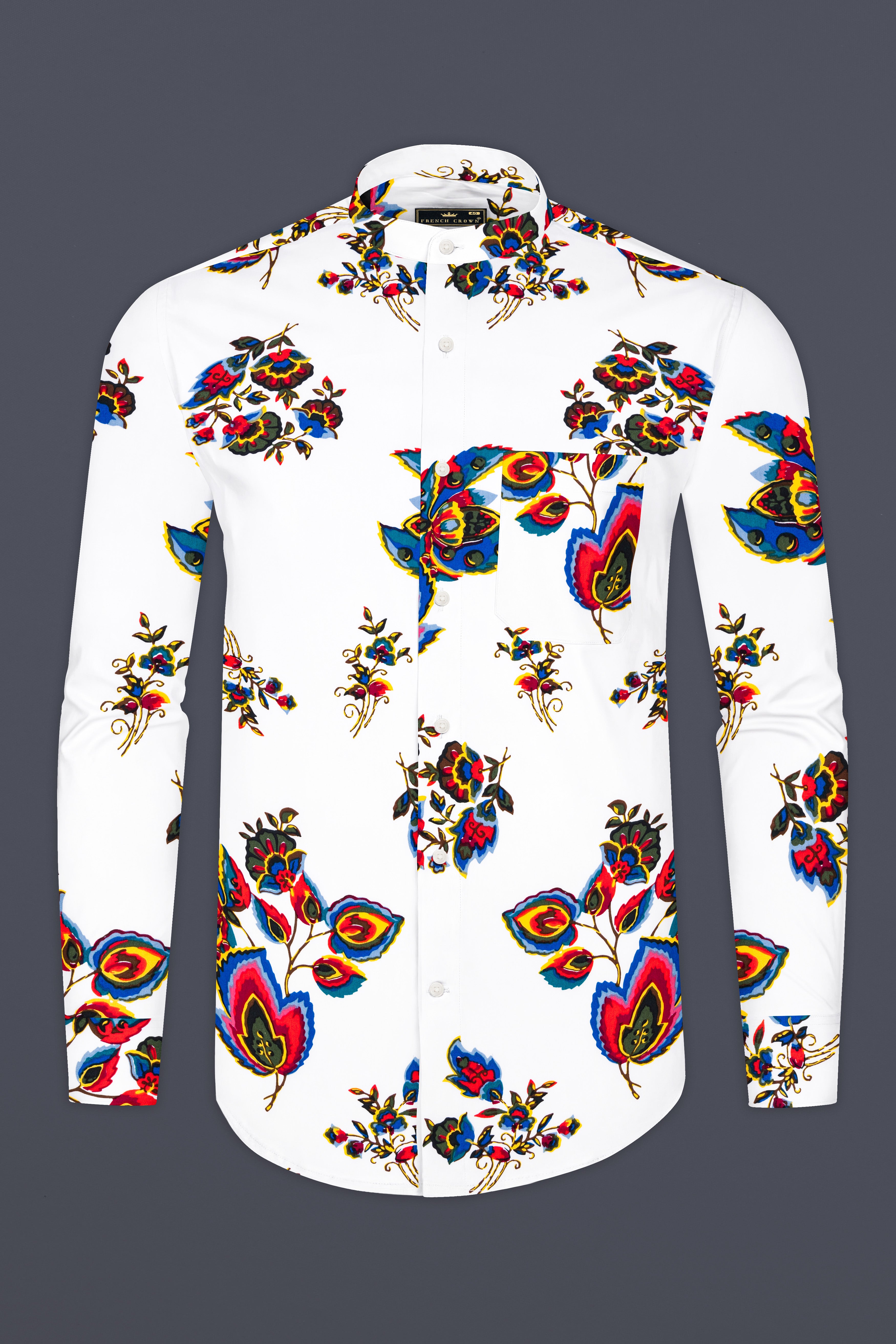 Bright White Multicolour Leaves Printed Premium Cotton Shirt