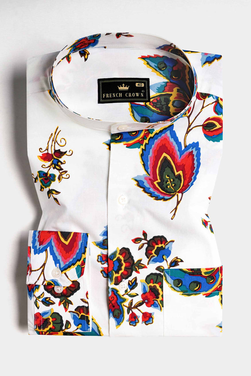 Bright White Multicolour Leaves Printed Premium Cotton Shirt