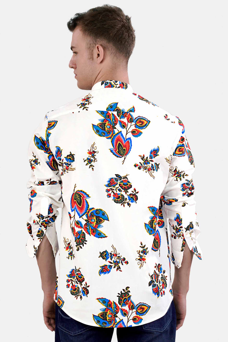 Bright White Multicolour Leaves Printed Premium Cotton Shirt