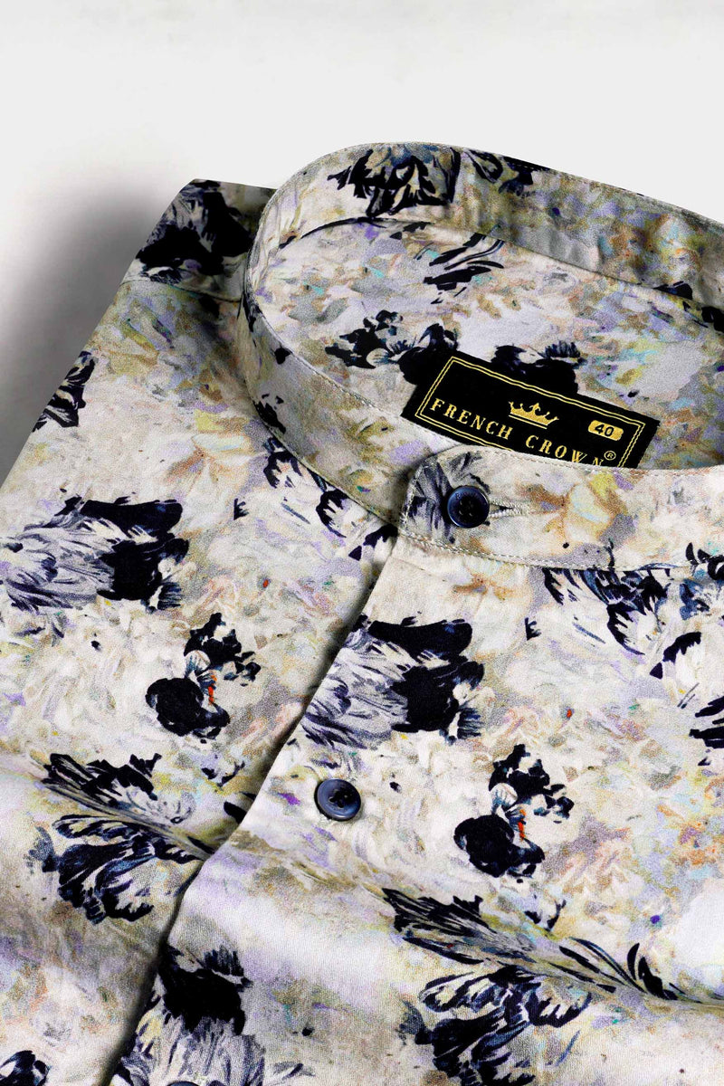 Ivory Cream and Haiti Blue Abstract Printed Subtle Sheen Super Soft Premium Cotton Shirt