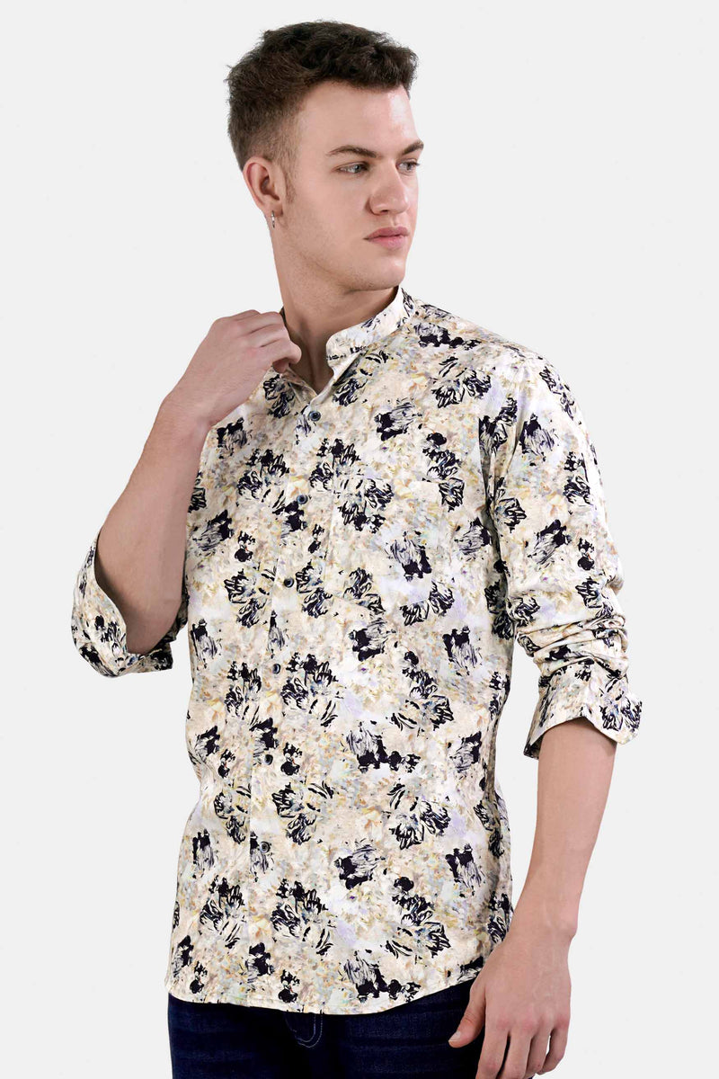 Ivory Cream and Haiti Blue Abstract Printed Subtle Sheen Super Soft Premium Cotton Shirt