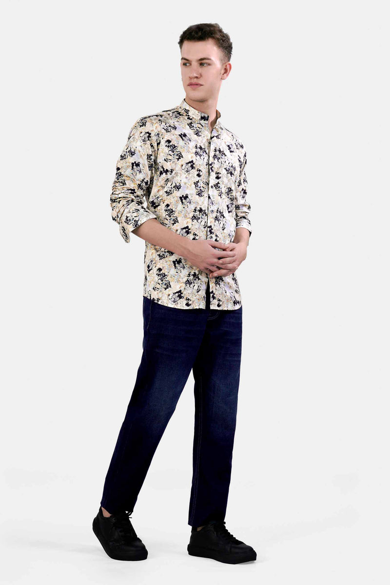 Ivory Cream and Haiti Blue Abstract Printed Subtle Sheen Super Soft Premium Cotton Shirt
