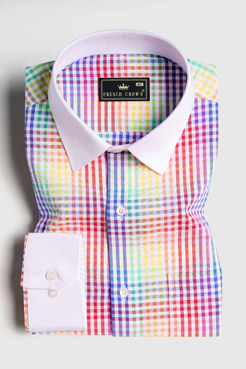 Imperial Red and Straw Brown Multicolour Gingham Checkered with White Cuffs and Collar Seersucker Shirt