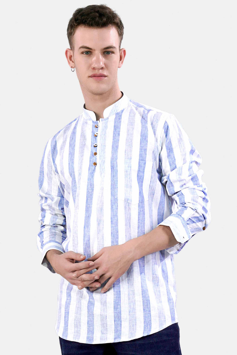 Hoki Blue and White Striped Luxurious Linen Kurta Shirt