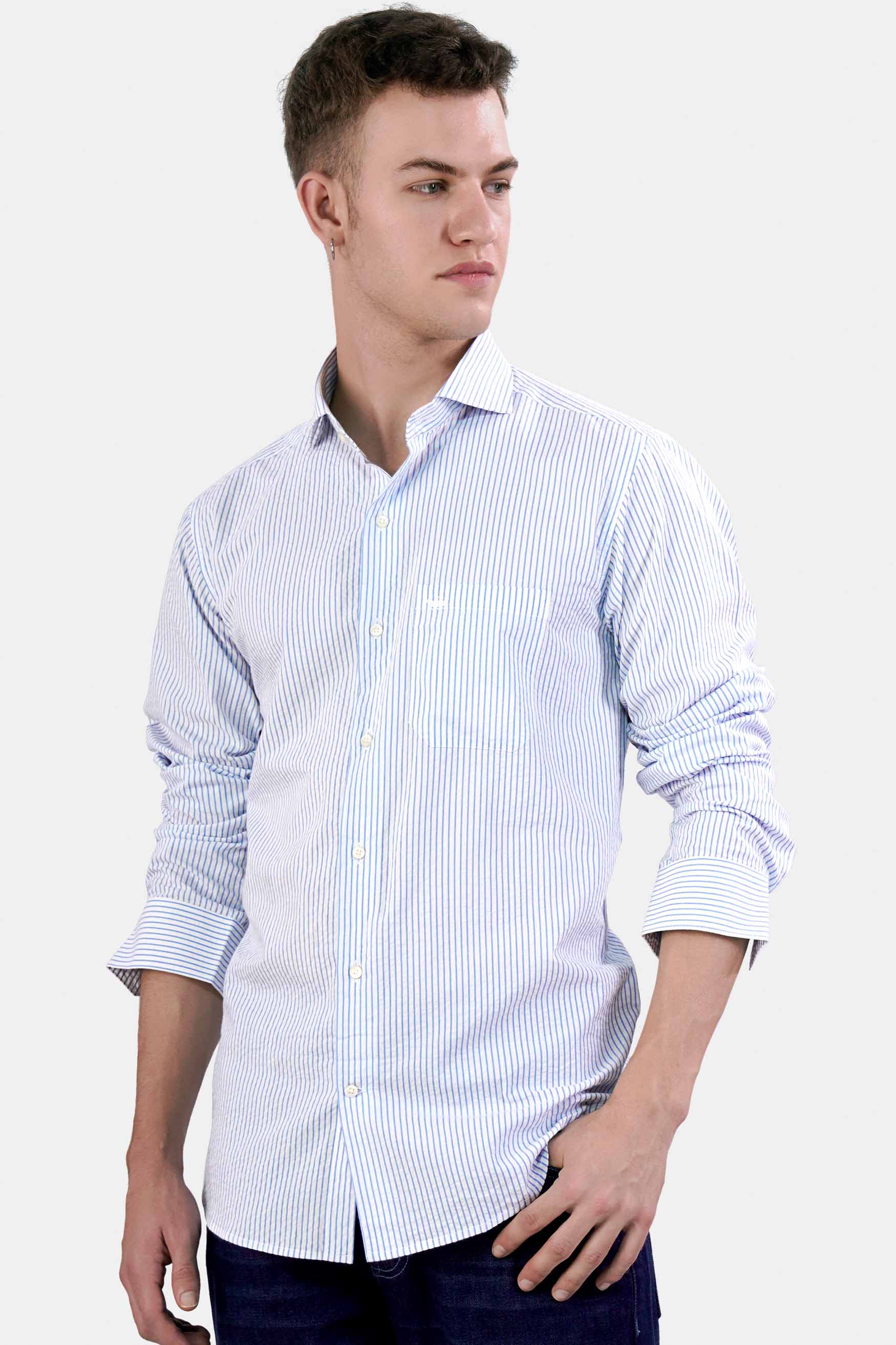 Chetwode Blue and White Formal Stripes Premium Cotton Shirt For Men