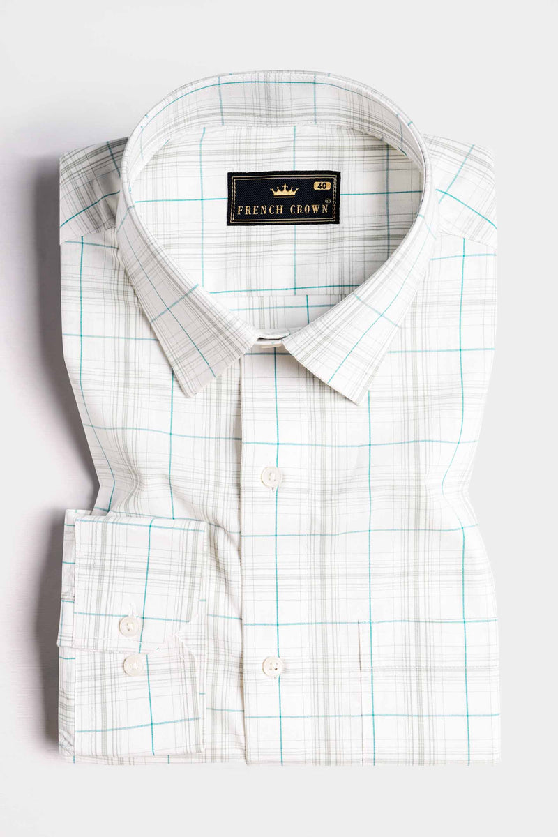Bright White with Turquoise Blue and Foggy Gray Plaid Premium Cotton Shirt