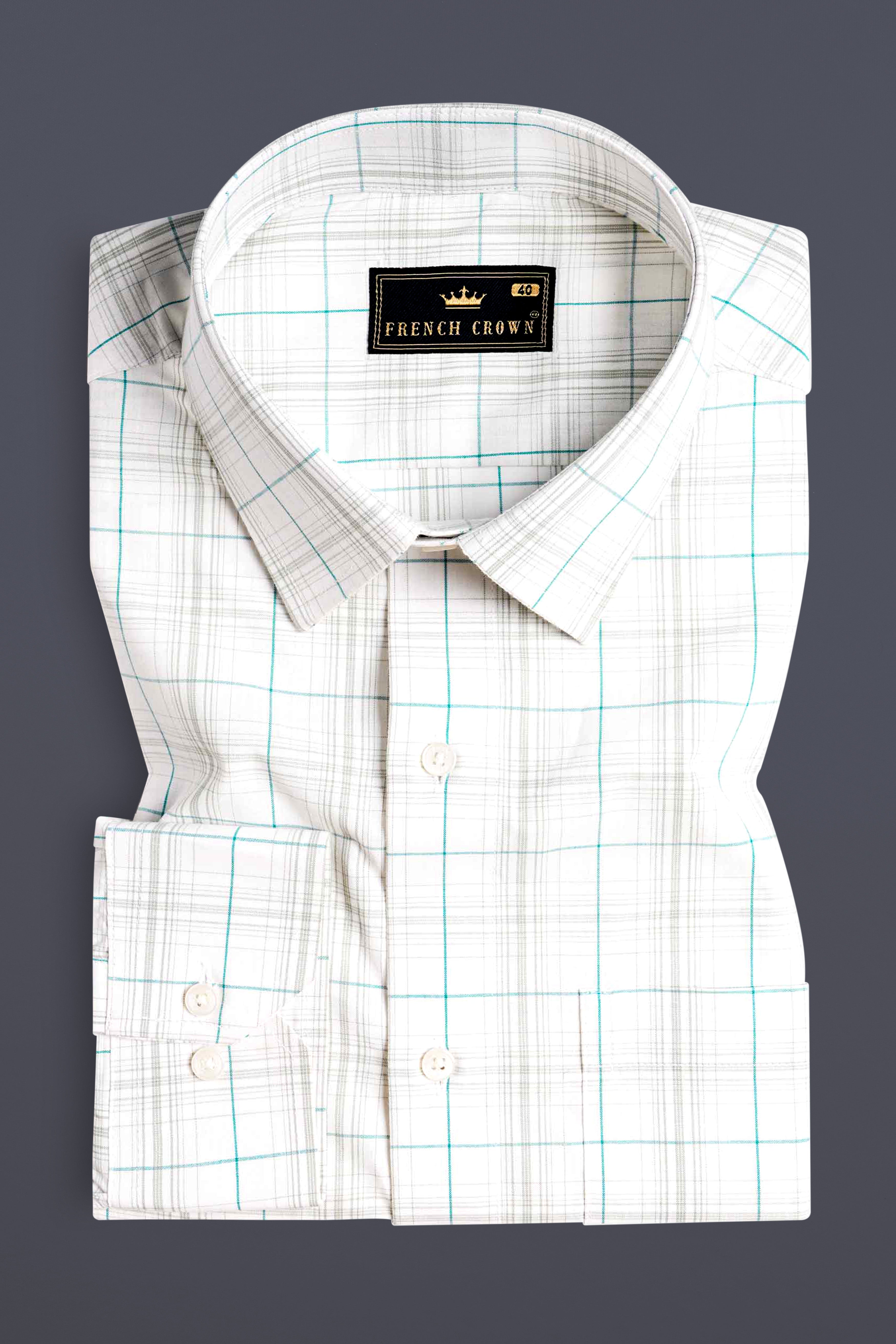 Bright White with Turquoise Blue and Foggy Gray Plaid Premium Cotton Shirt