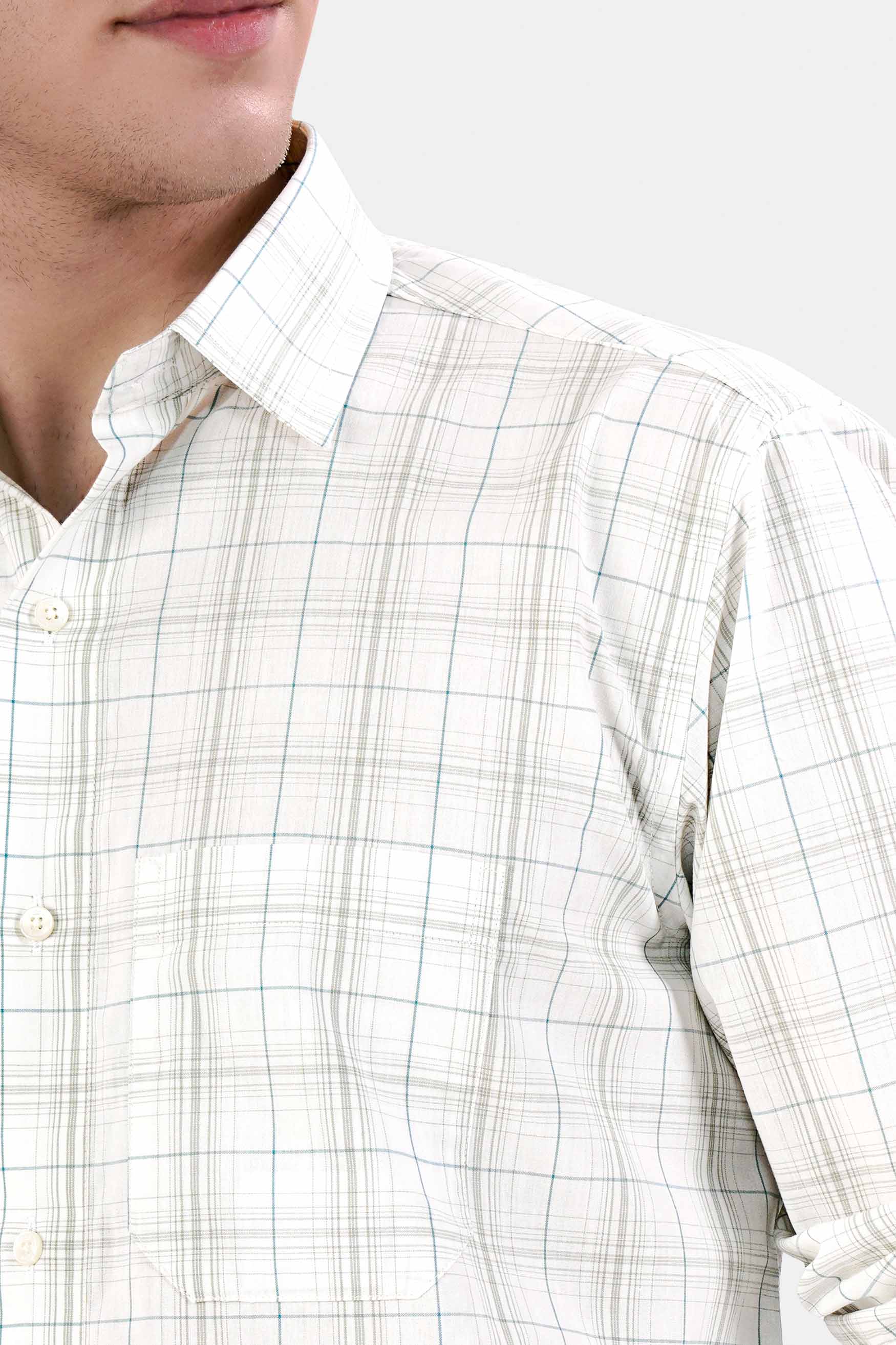 Bright White with Turquoise Blue and Foggy Gray Plaid Premium Cotton Shirt