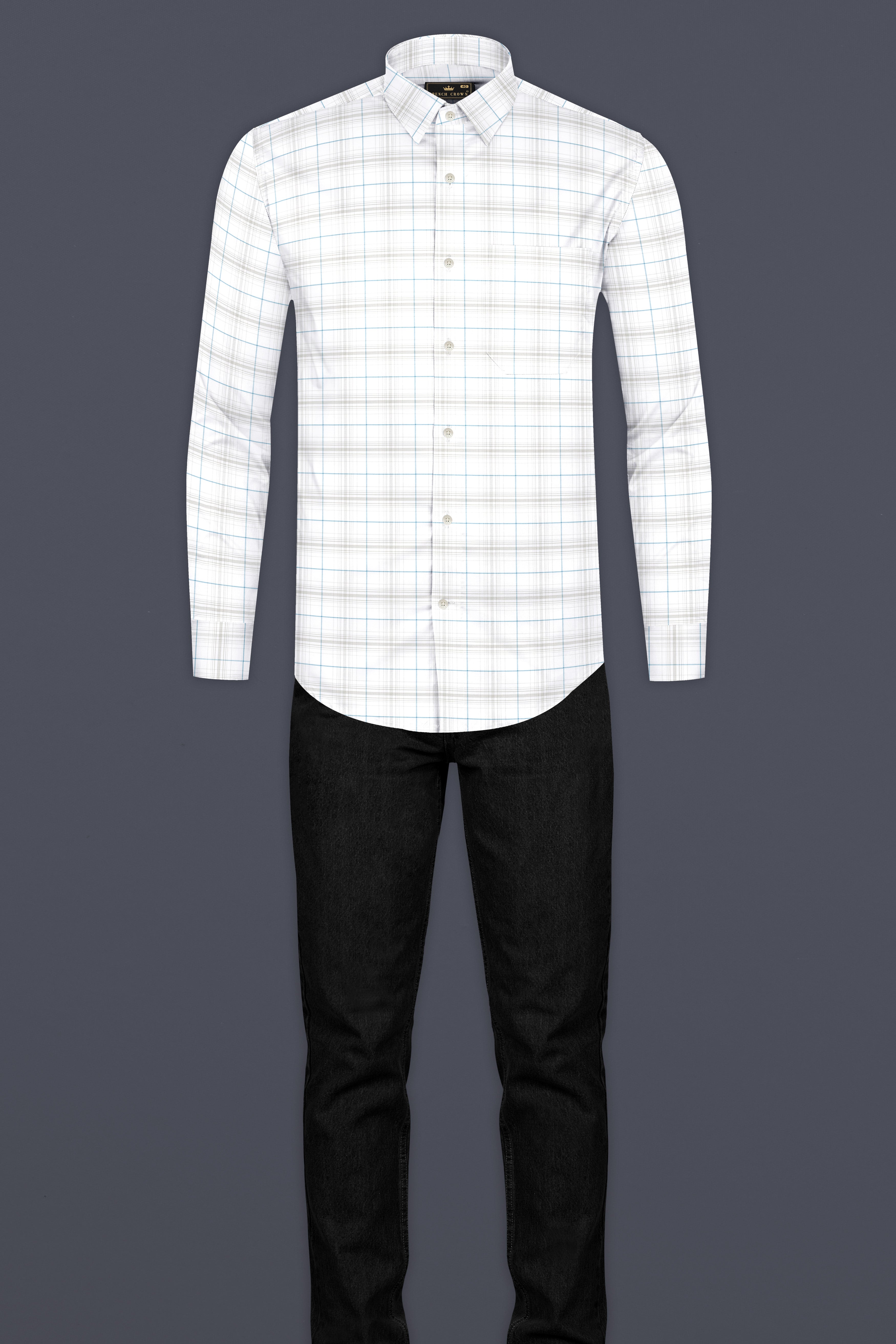 Bright White with Turquoise Blue and Foggy Gray Plaid Premium Cotton Shirt