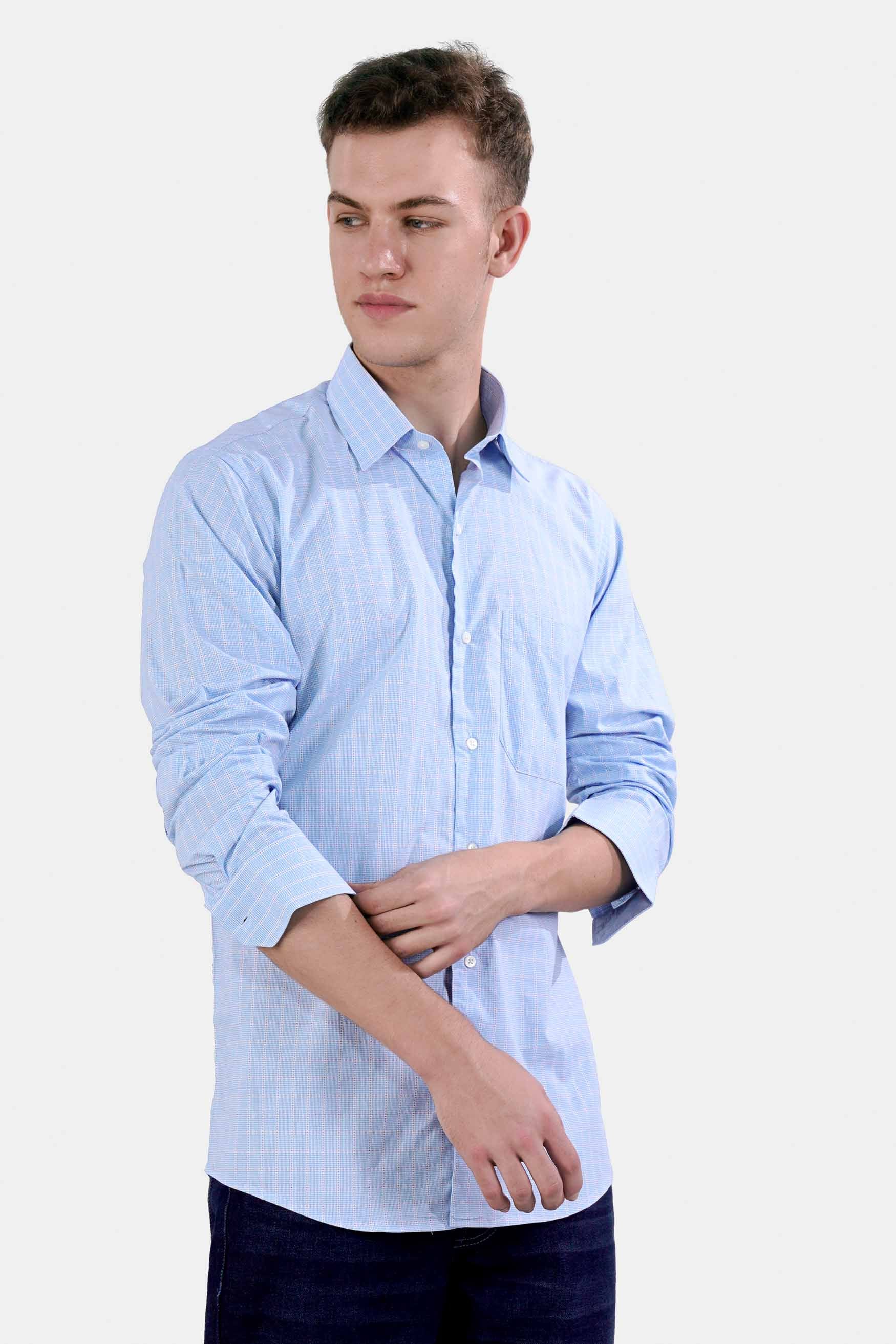 Carolina Blue Checkered Dobby Textured Premium Giza Cotton Shirt