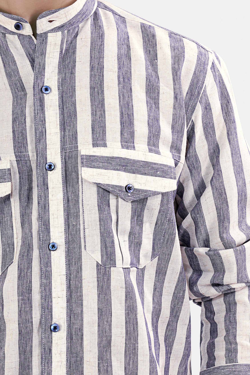 Revere Cream and Glaucouse Blue Striped Luxurious Linen Designer Shirt