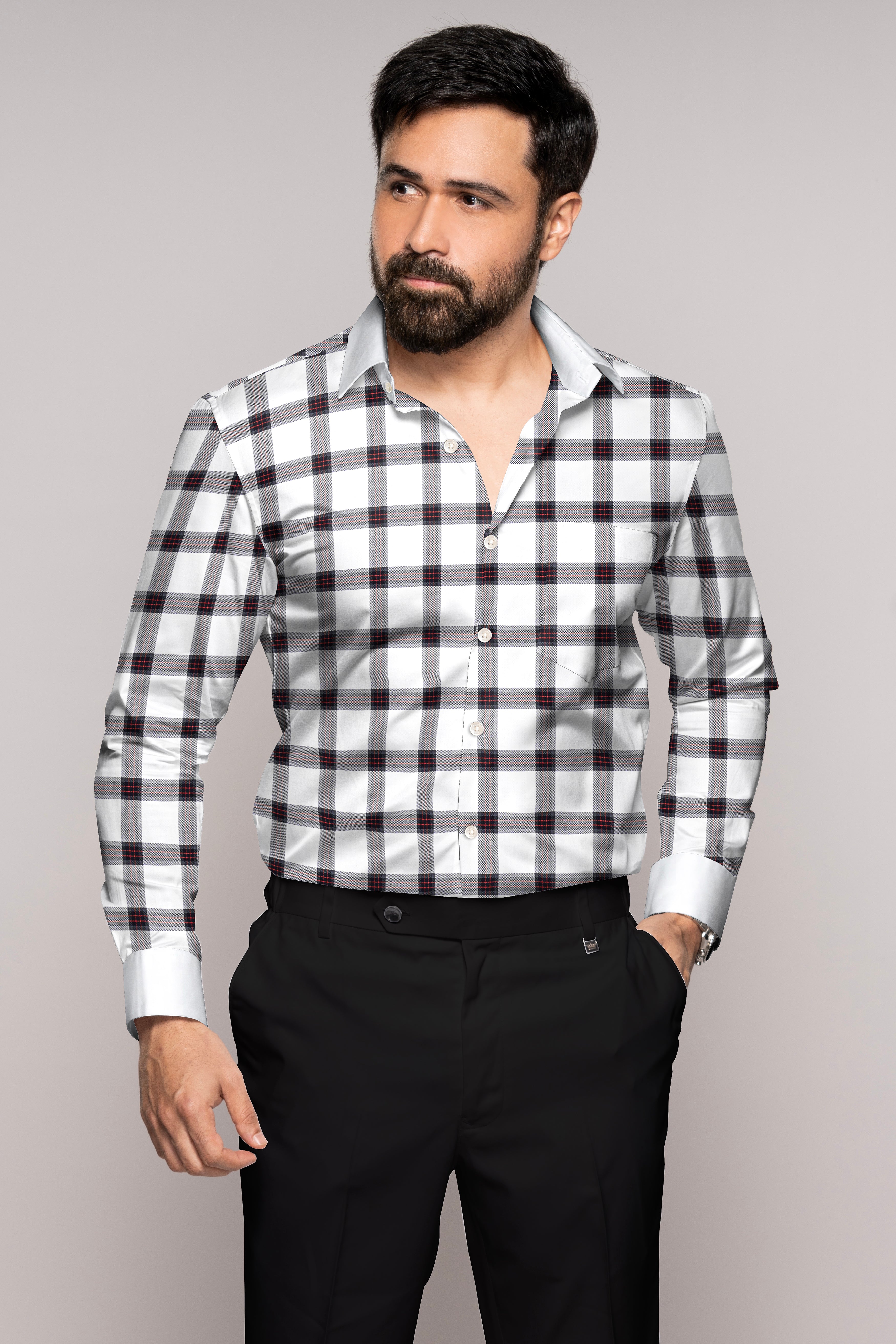 Bright White and Black Plaid Dobby Textured with White Cuffs and Collar Premium Giza Cotton Shirt