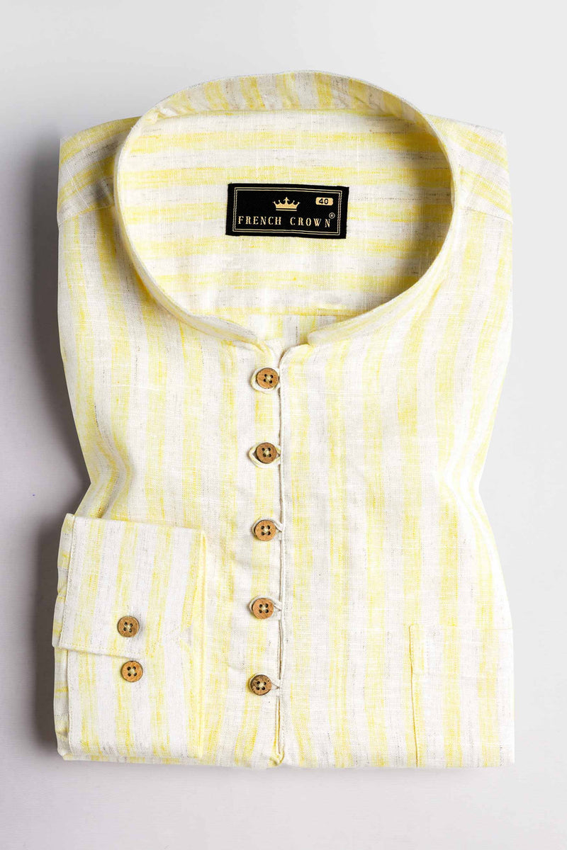 Brulee Yellow and White Striped Luxurious Linen Kurta Shirt