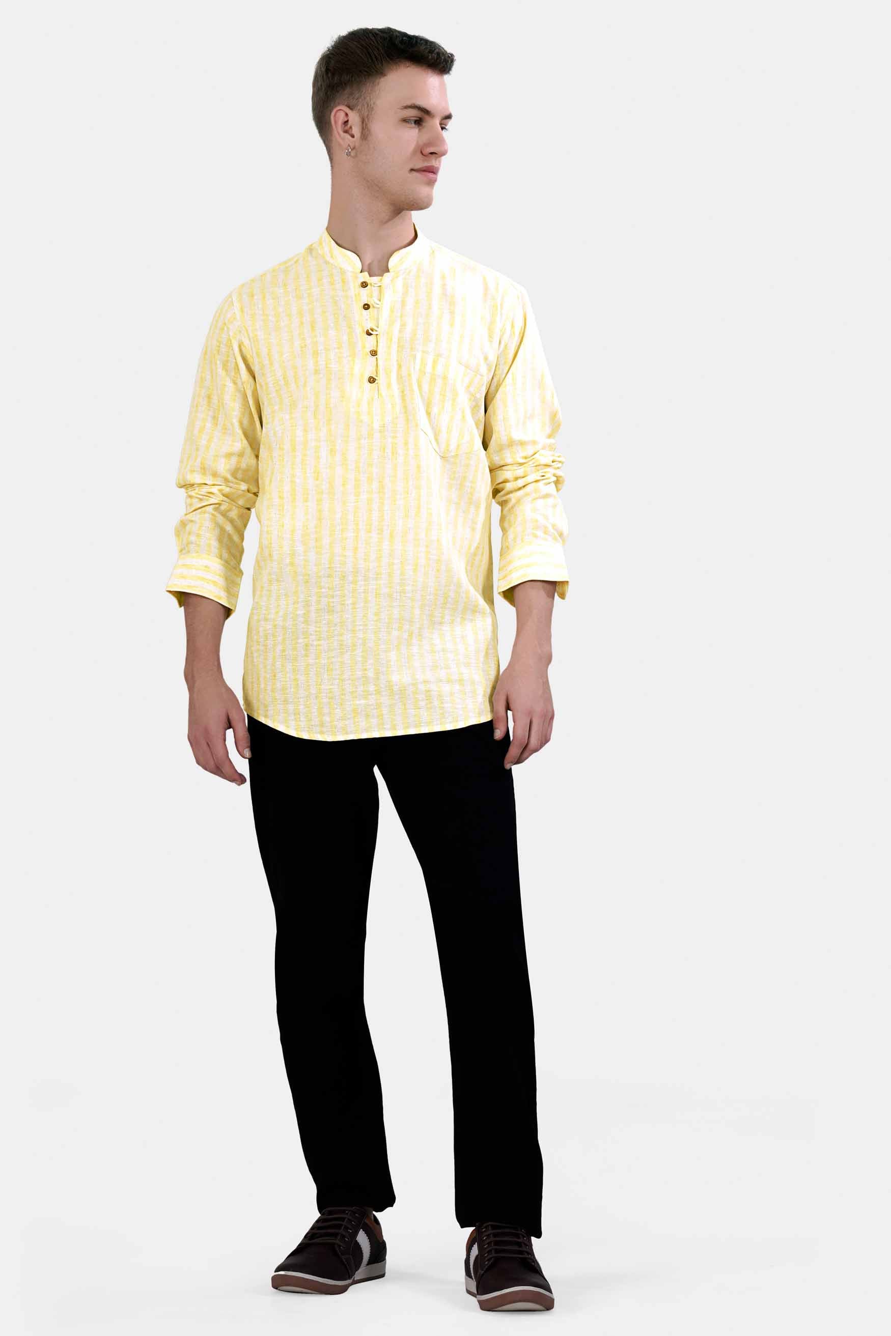 Brulee Yellow and White Striped Luxurious Linen Kurta Shirt