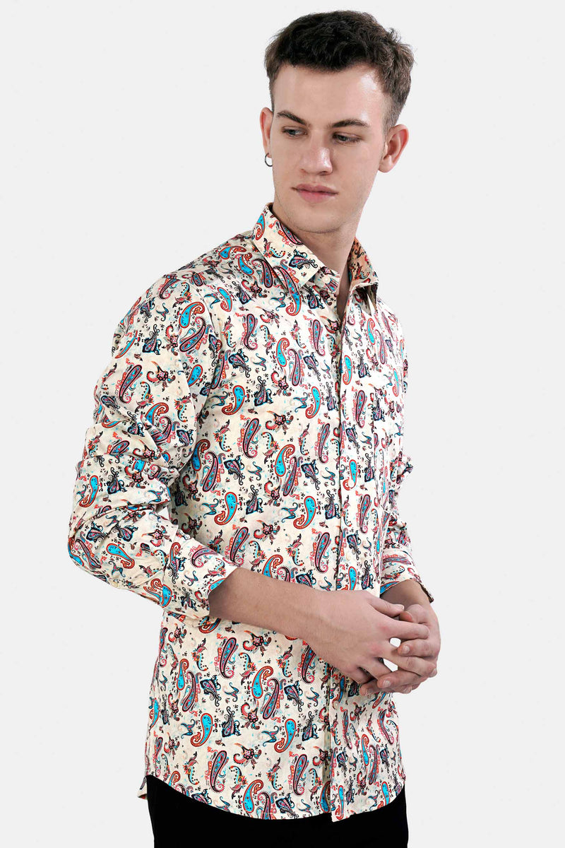 Merino Cream and Multicolour Paisley Printed Subtle Sheen Super Soft Premium Cotton Shirt