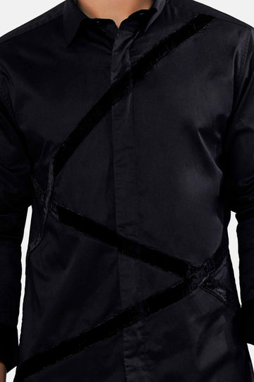 Jade Black Subtle Sheen Super Soft Premium Cotton Velvet Designer Shirt