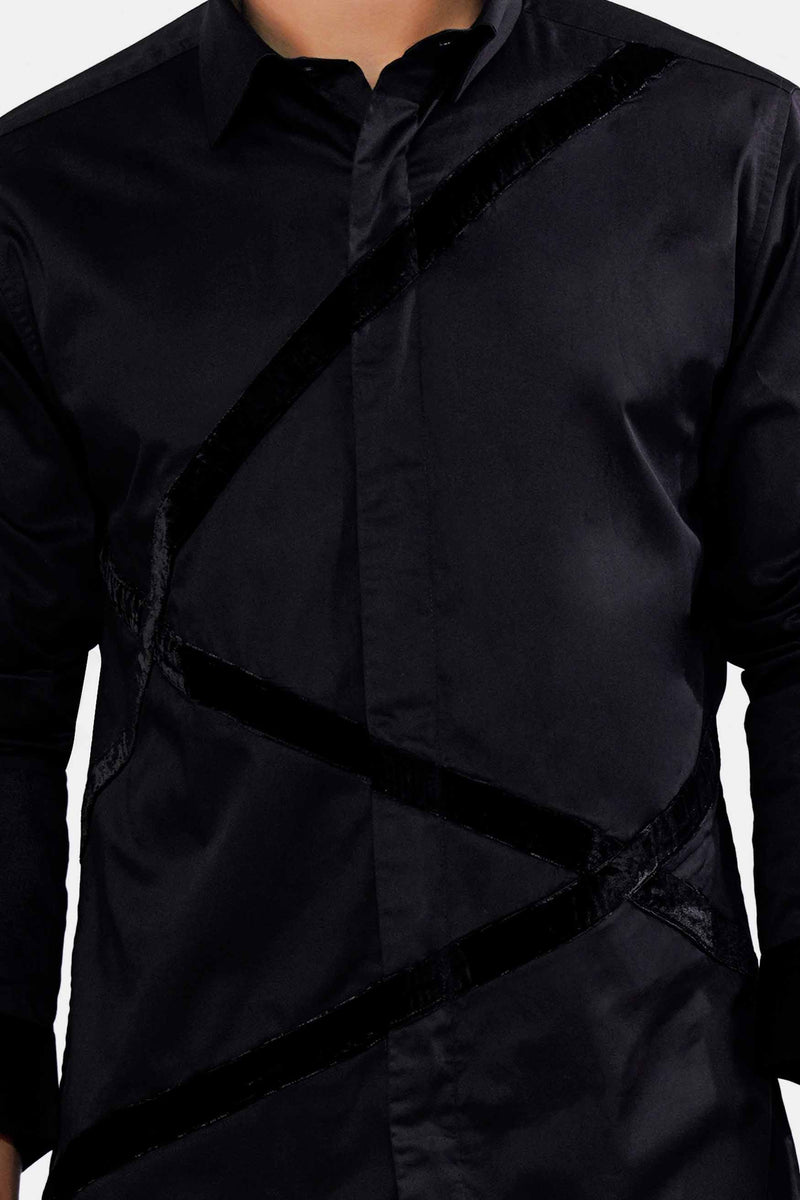 Jade Black Subtle Sheen Super Soft Premium Cotton Velvet Designer Shirt