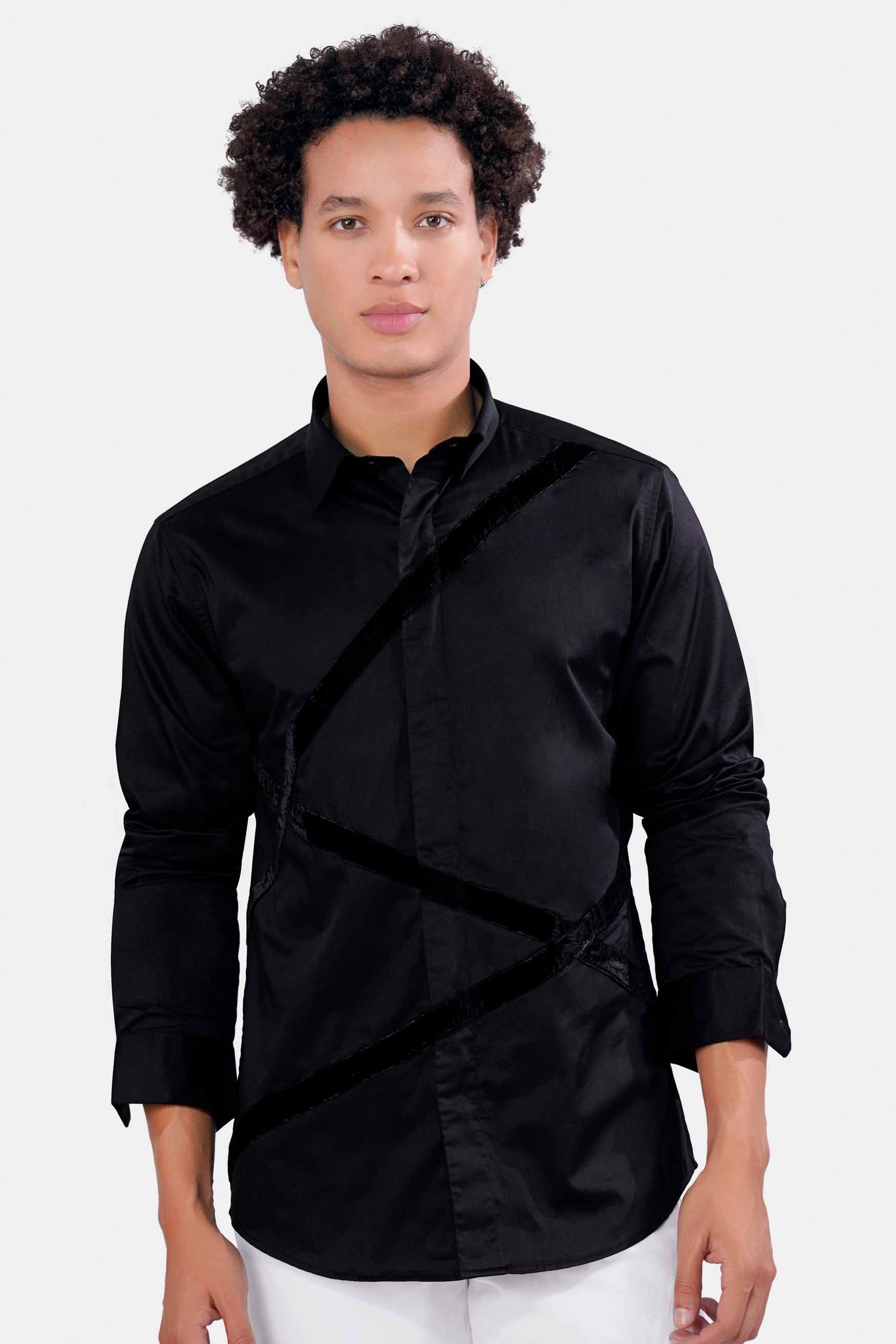 Jade Black Subtle Sheen Super Soft Premium Cotton Velvet piping Designer Shirt