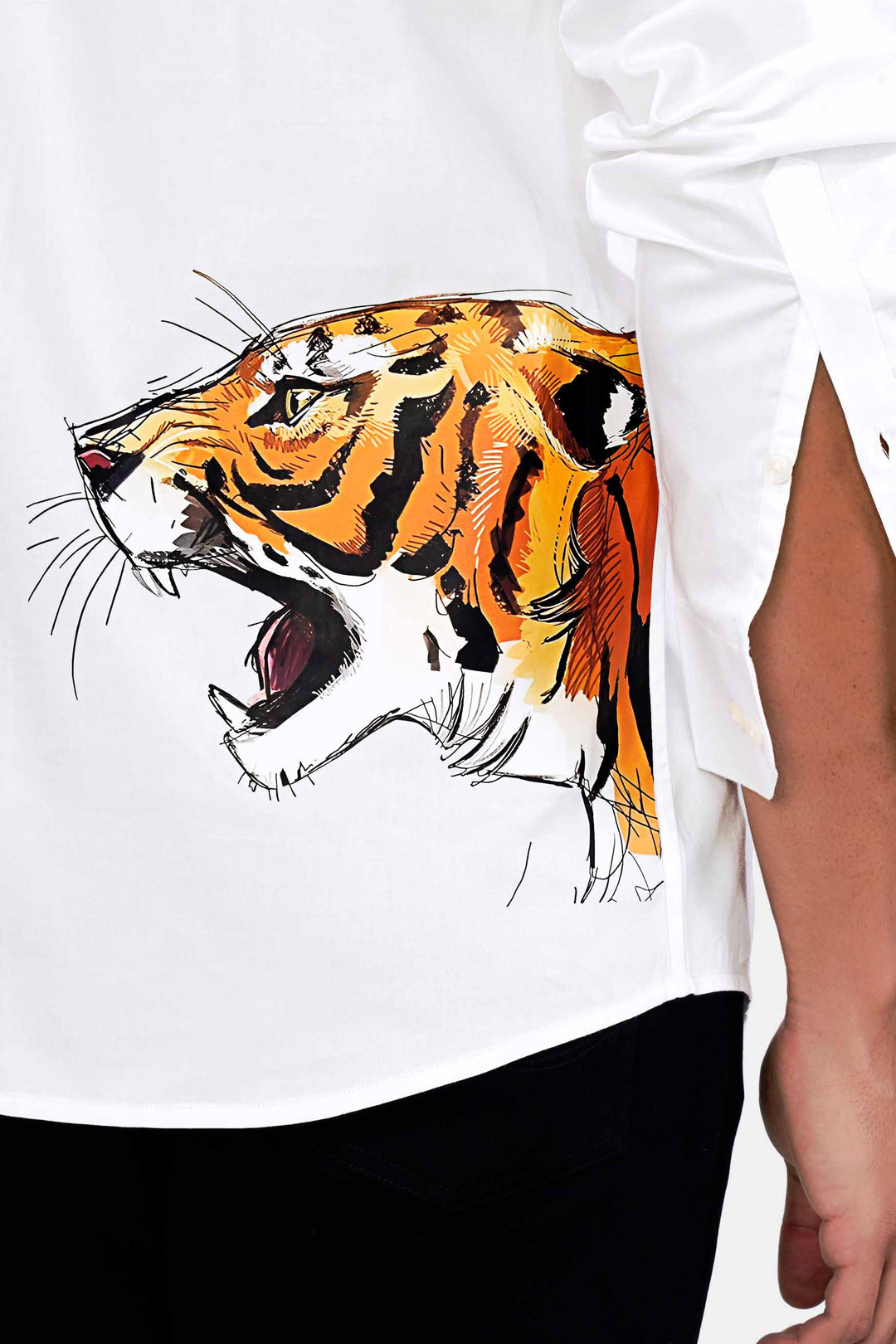 T-Shirt White Cotton and Linen Jersey with Multicolor Indian Animals Tiger  Motif