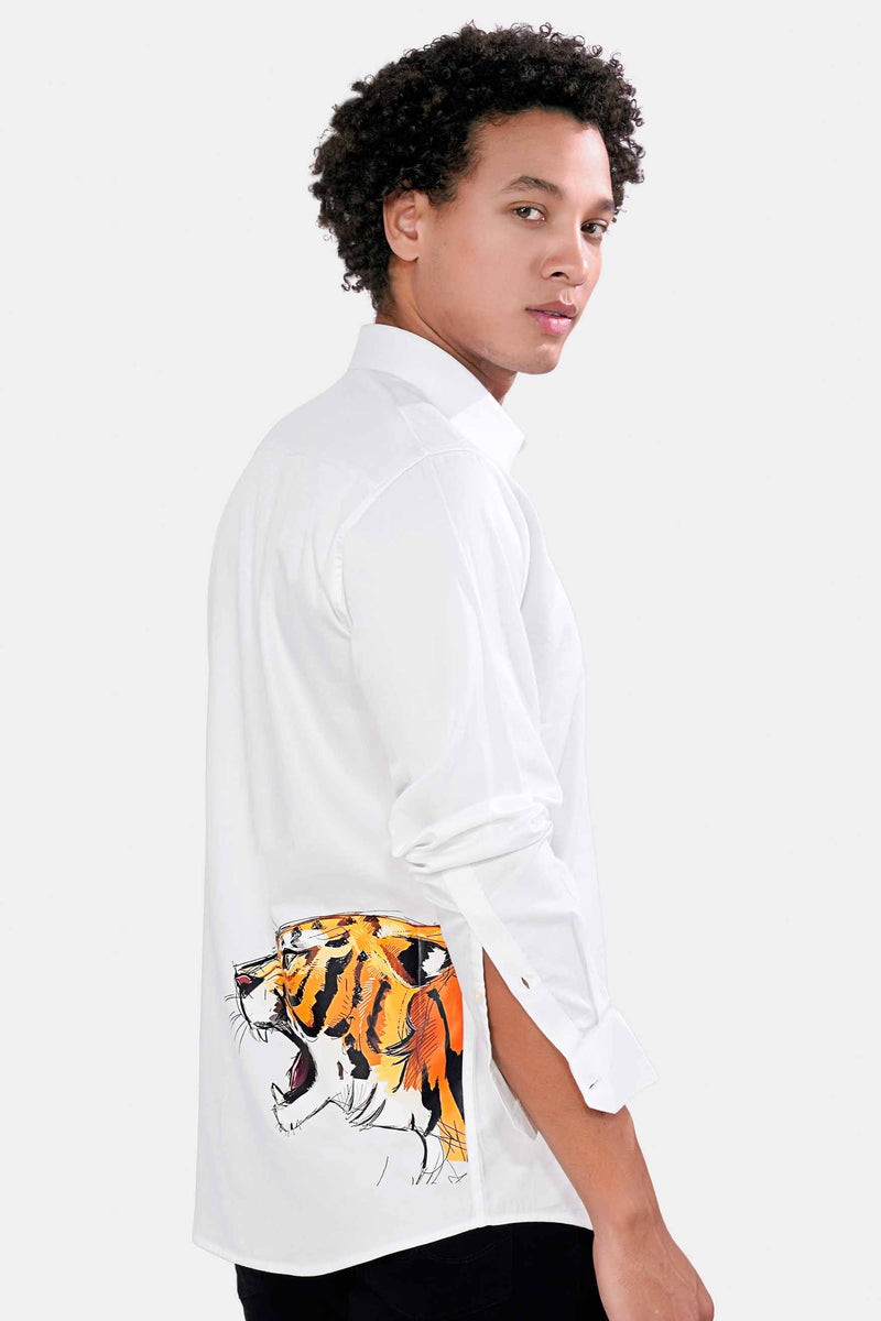 Bright White Tiger Printed Subtle Sheen Super Soft Premium Cotton Designer Shirt