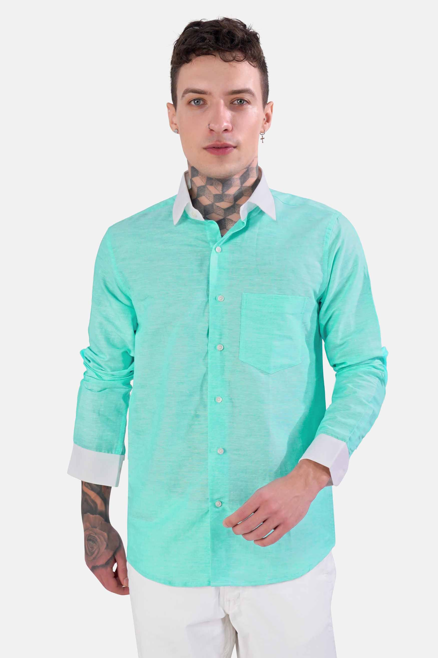 Turquoise Blue with White Cuffs and Collar Luxurious Linen Shirt