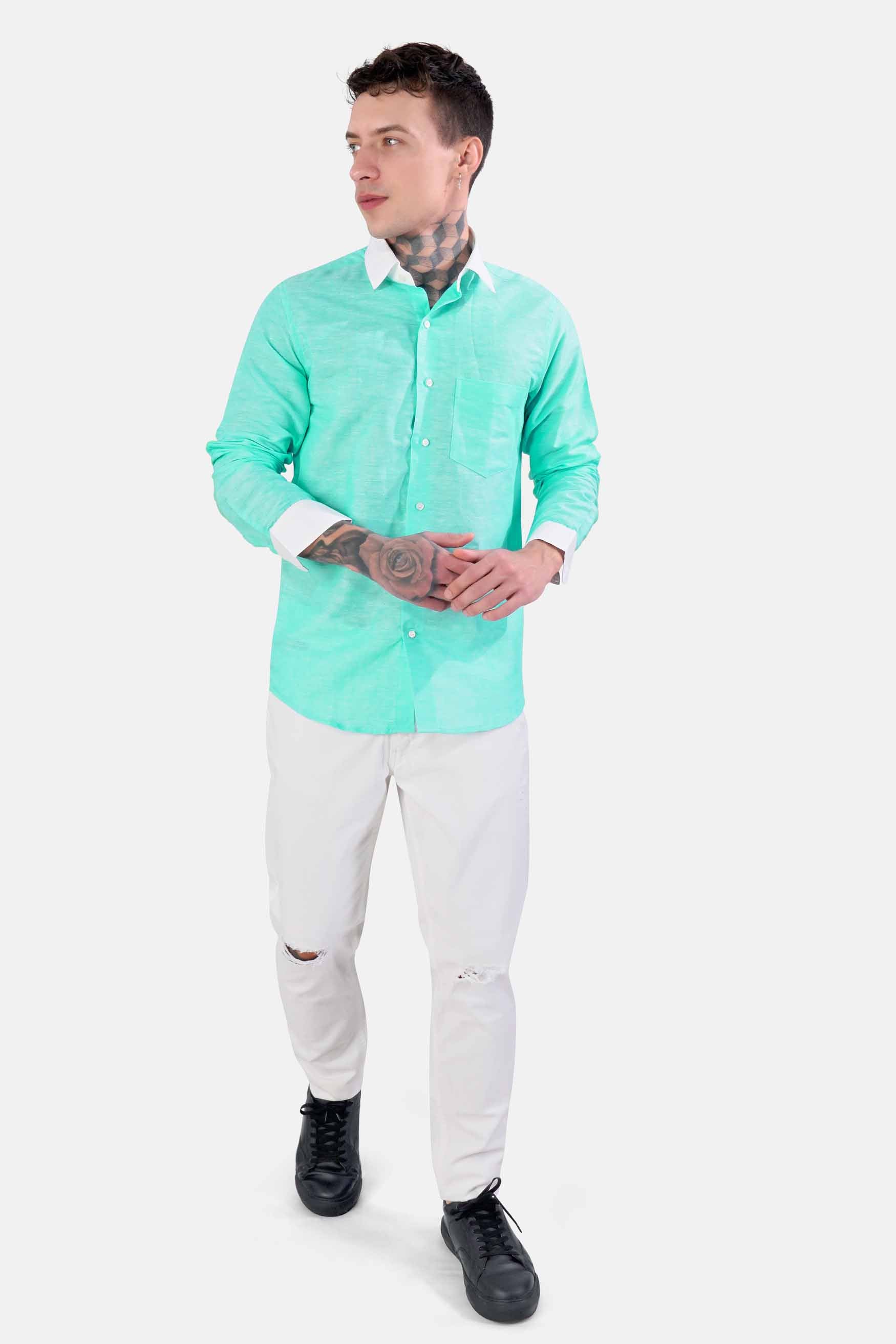 Turquoise Blue with White Cuffs and Collar Luxurious Linen Shirt