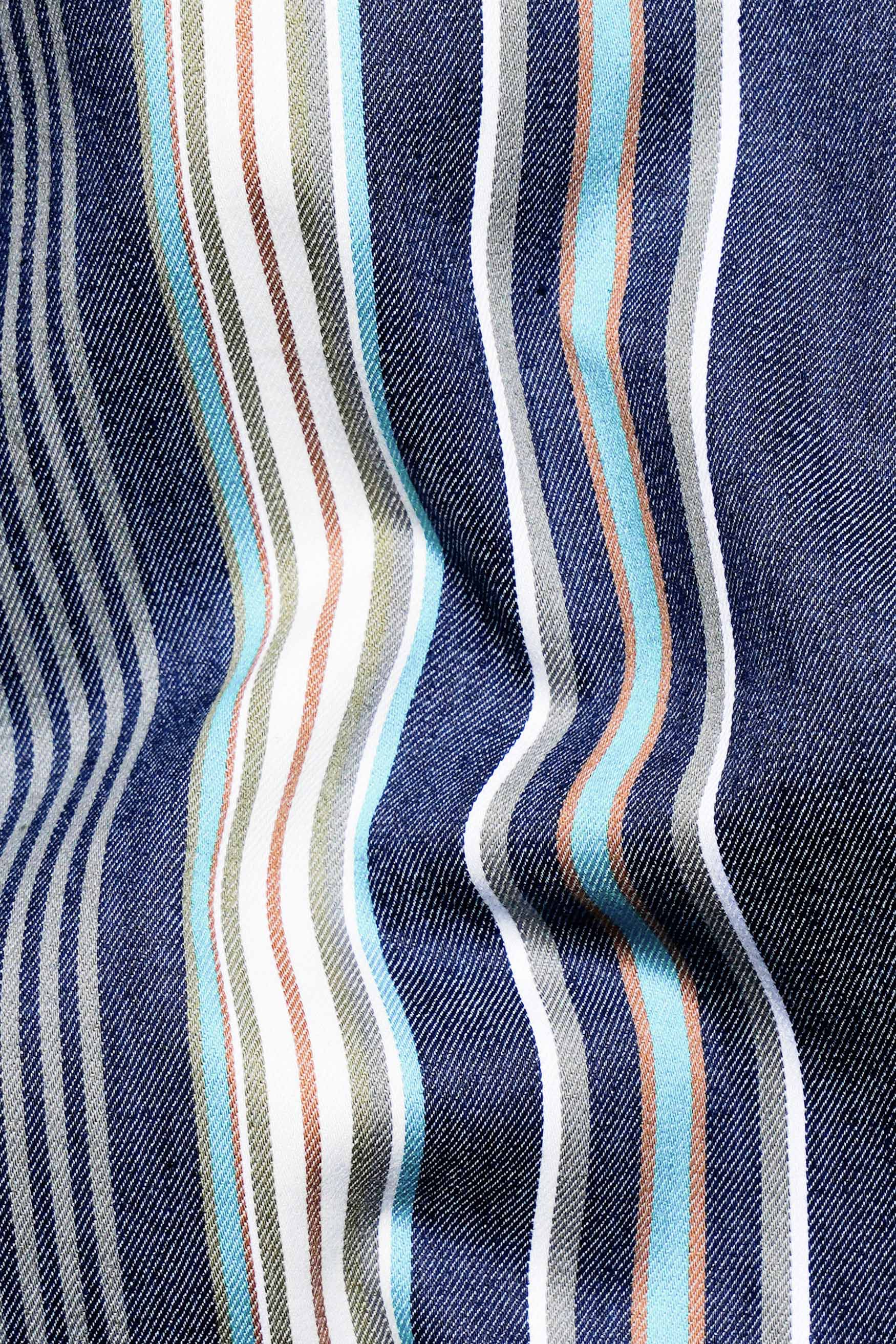 Nile Blue with White and Dusty Brown Striped Indigo Denim Shirt