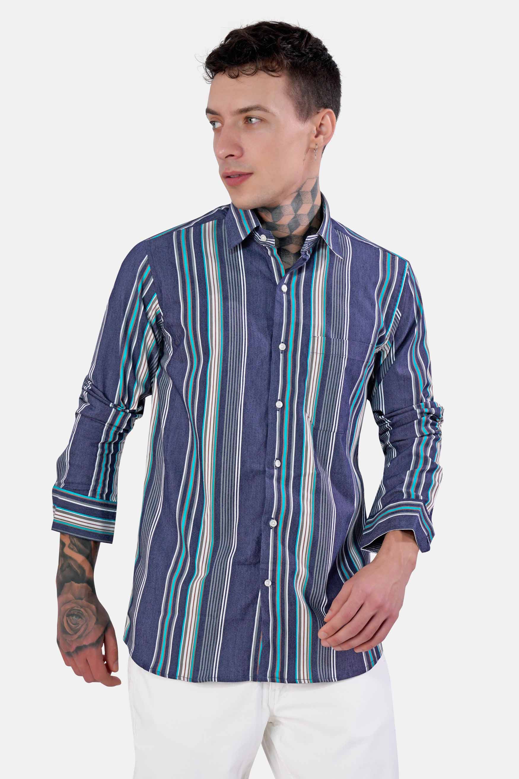 Nile Blue with White and Dusty Brown Striped Indigo Denim Shirt