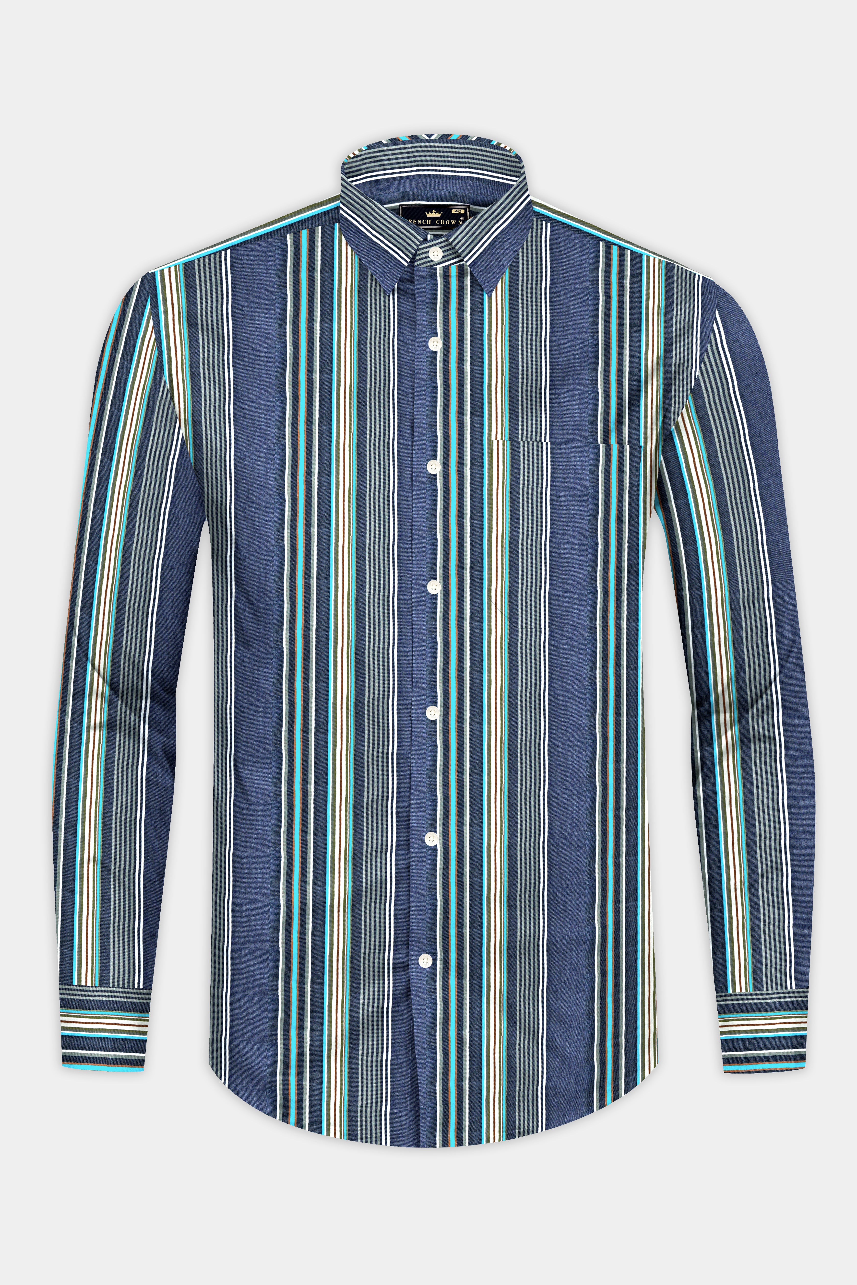 Nile Blue with White and Dusty Brown Striped Indigo Denim Shirt