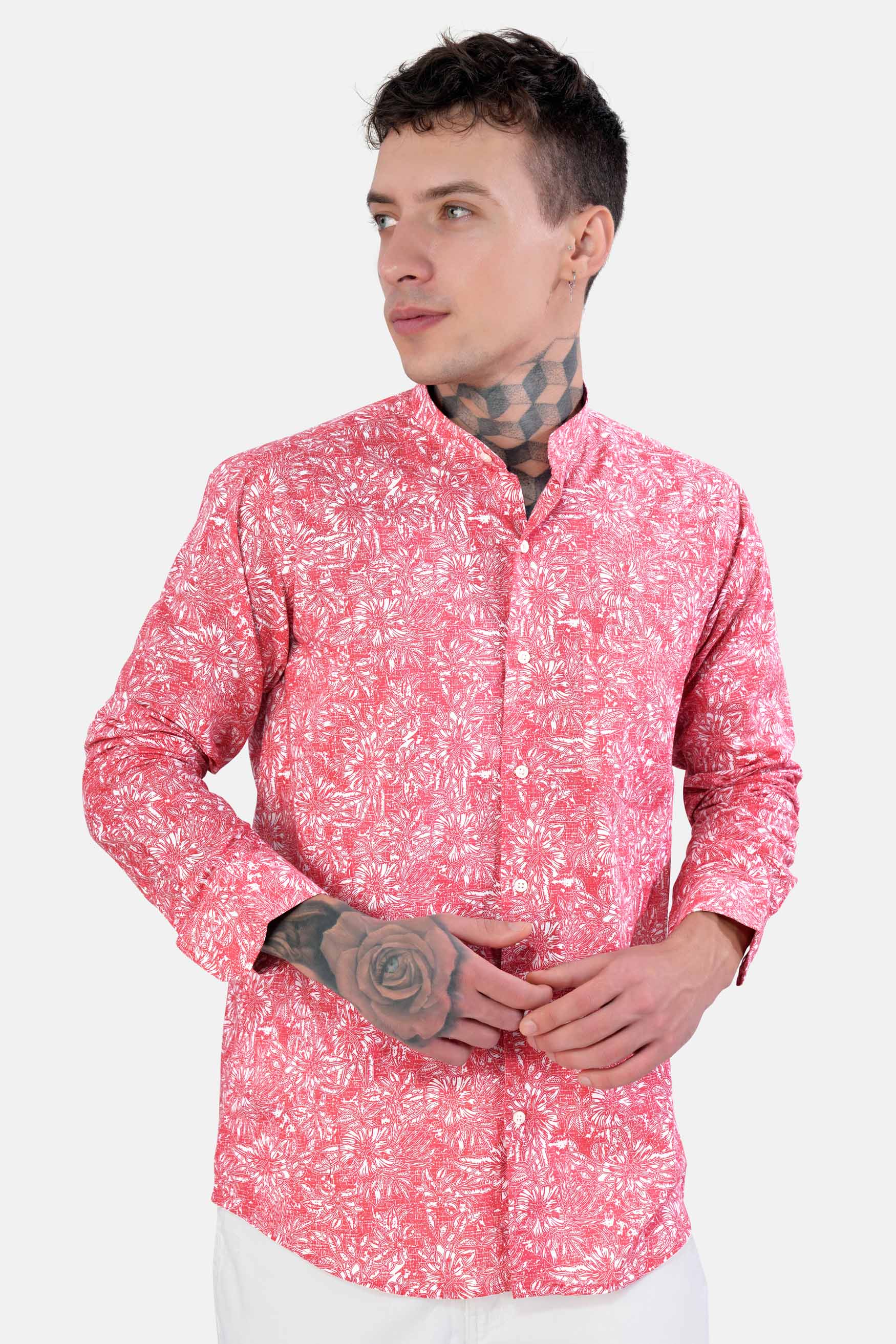 Brink Pink and White Floral Printed Luxurious Linen Shirt