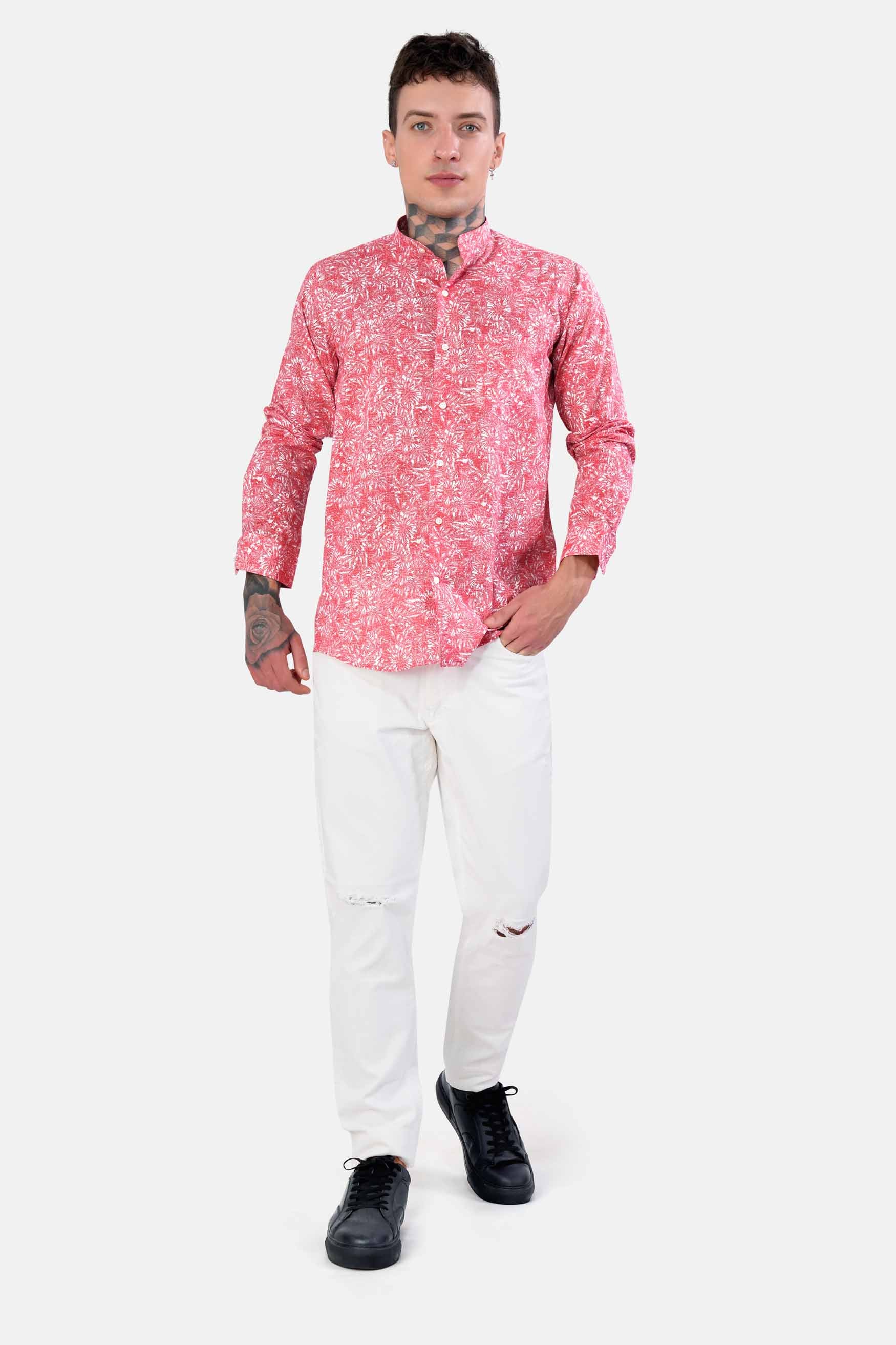 Brink Pink and White Floral Printed Luxurious Linen Shirt