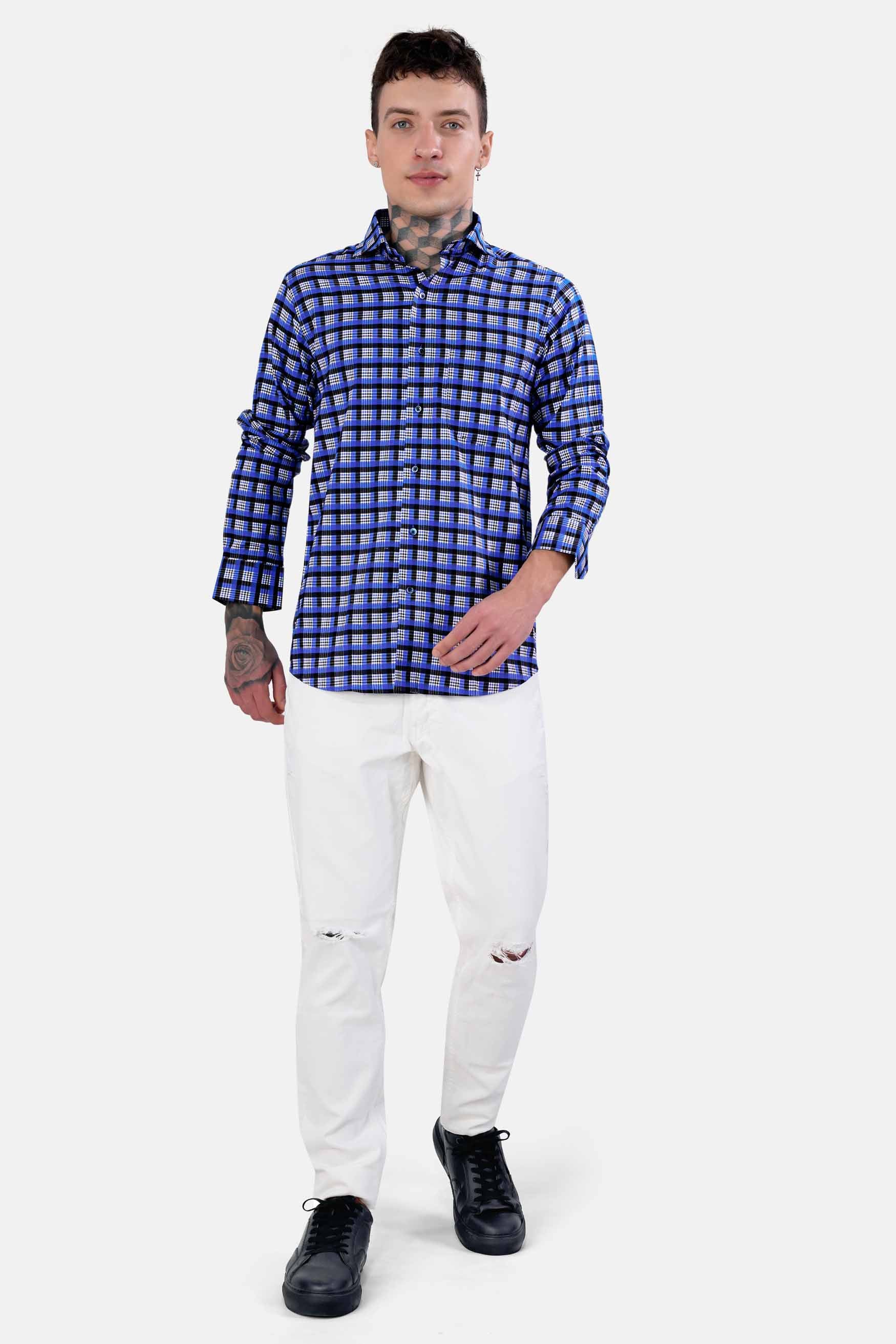 Azul Blue with White and Black Checkered Houndstooth Shirt