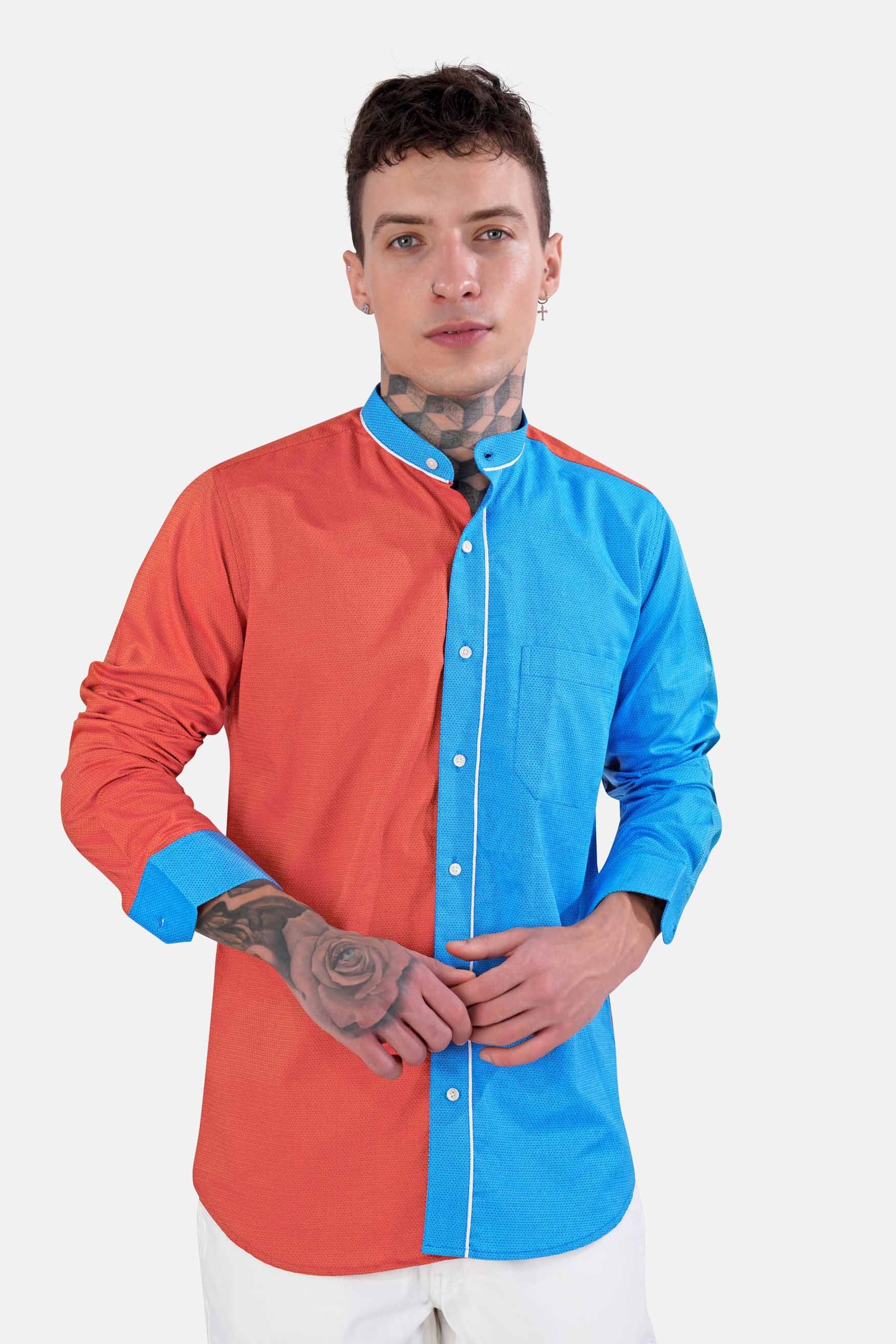 Azul Blue and Bittersweet Orange Dobby Textured Premium Giza Cotton Designer Shirt