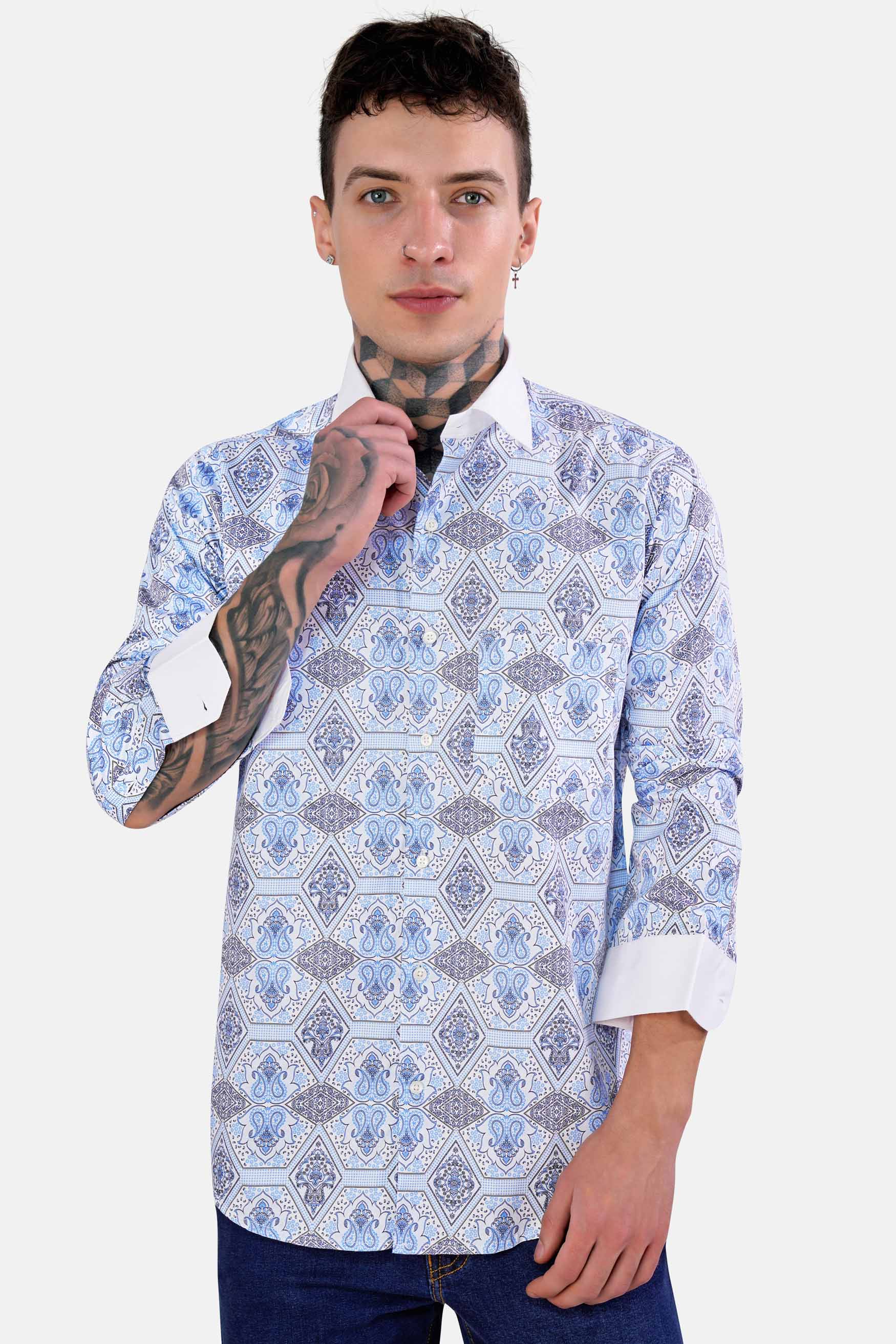 Tufts Blue Ethnic Printed with White Cuffs and Collar Subtle Sheen Super Soft Premium Cotton Shirt