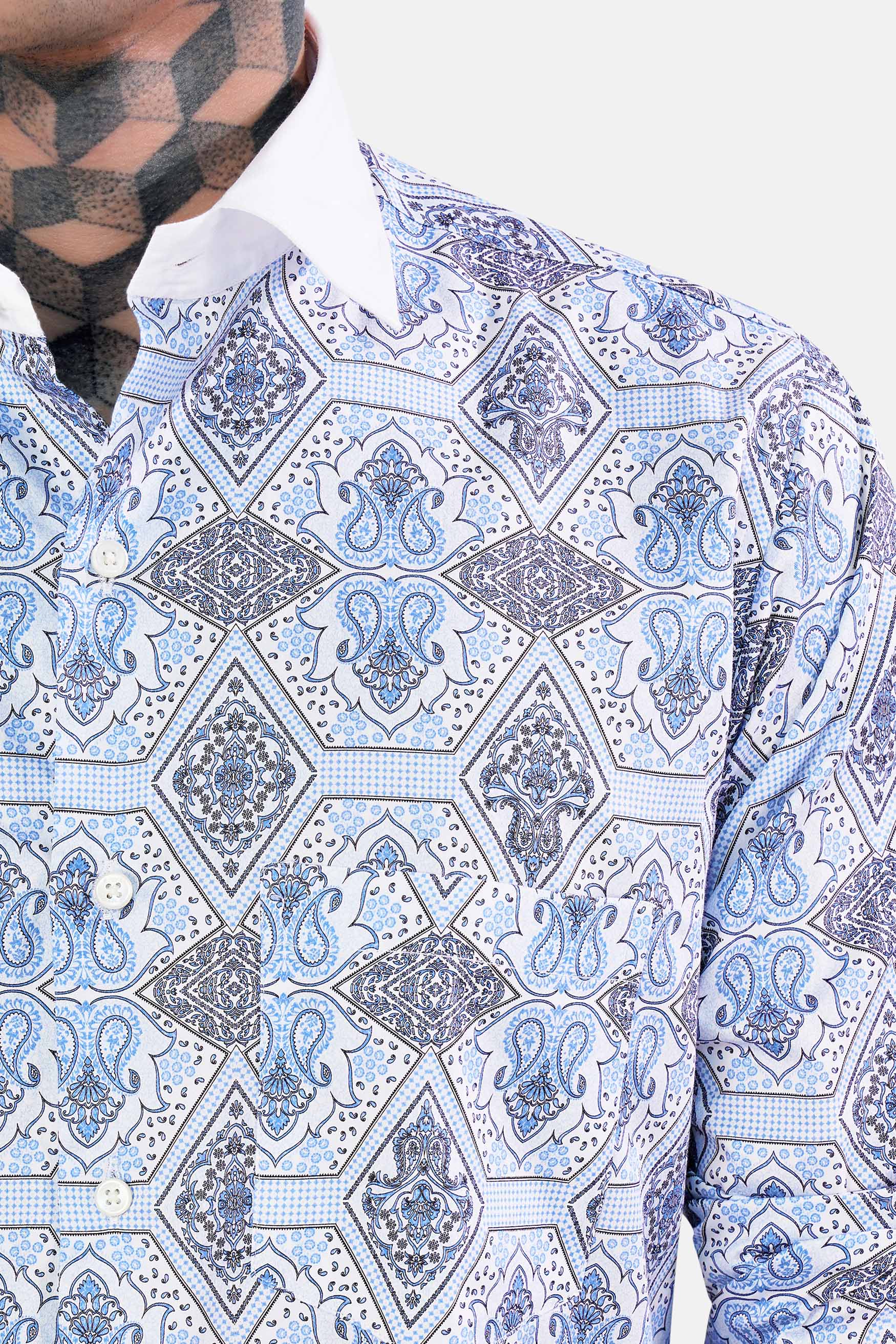 Tufts Blue Ethnic Printed with White Cuffs and Collar Subtle Sheen Super Soft Premium Cotton Shirt
